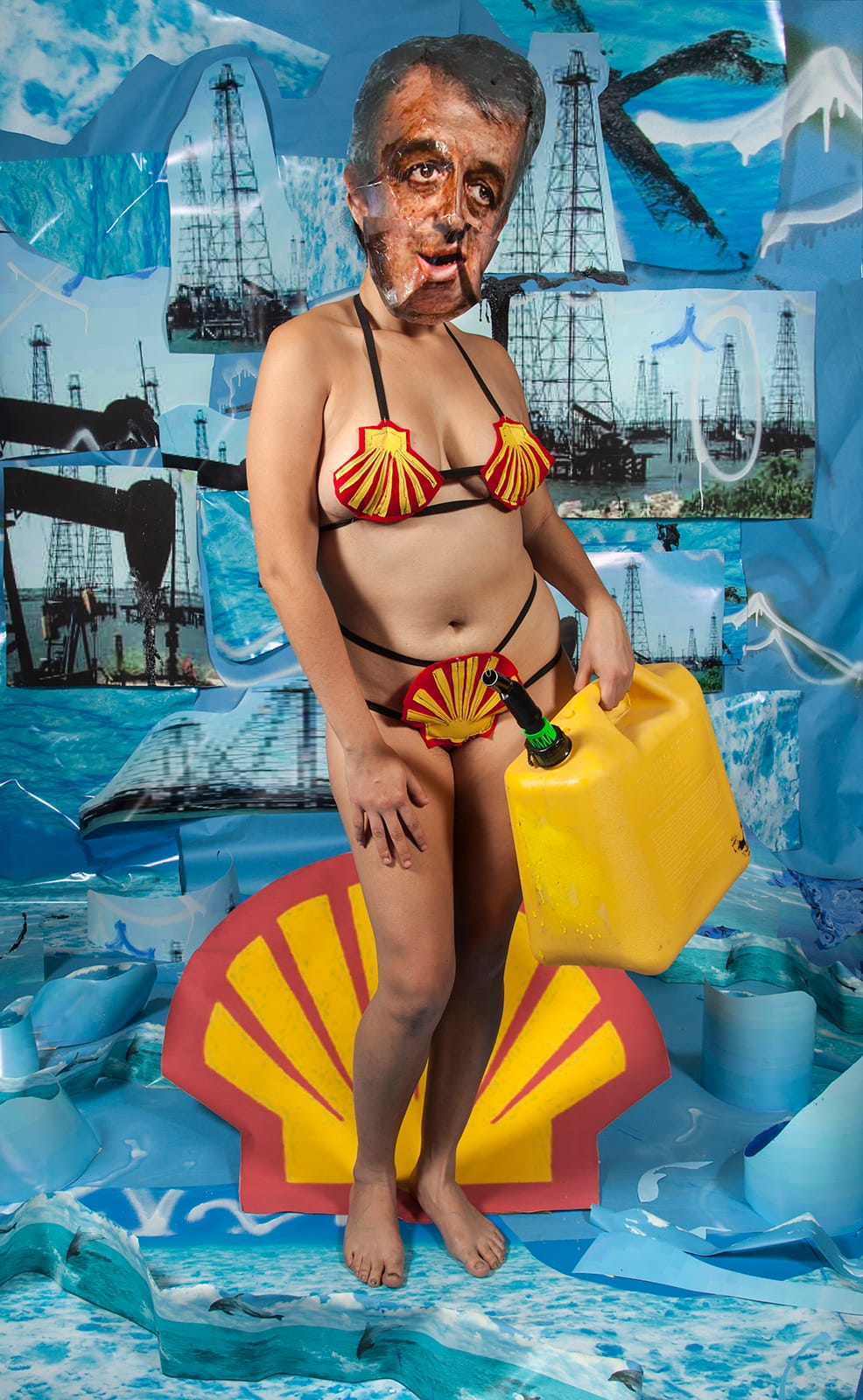 Person in a shell-themed bikini holds a yellow container, standing against a backdrop of oil rigs and ocean imagery.