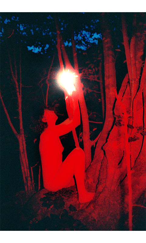 Image of an undressed person climbing in a tree, covered in red light, showing the camera's flash above their head. © Cansu Yıldıran
