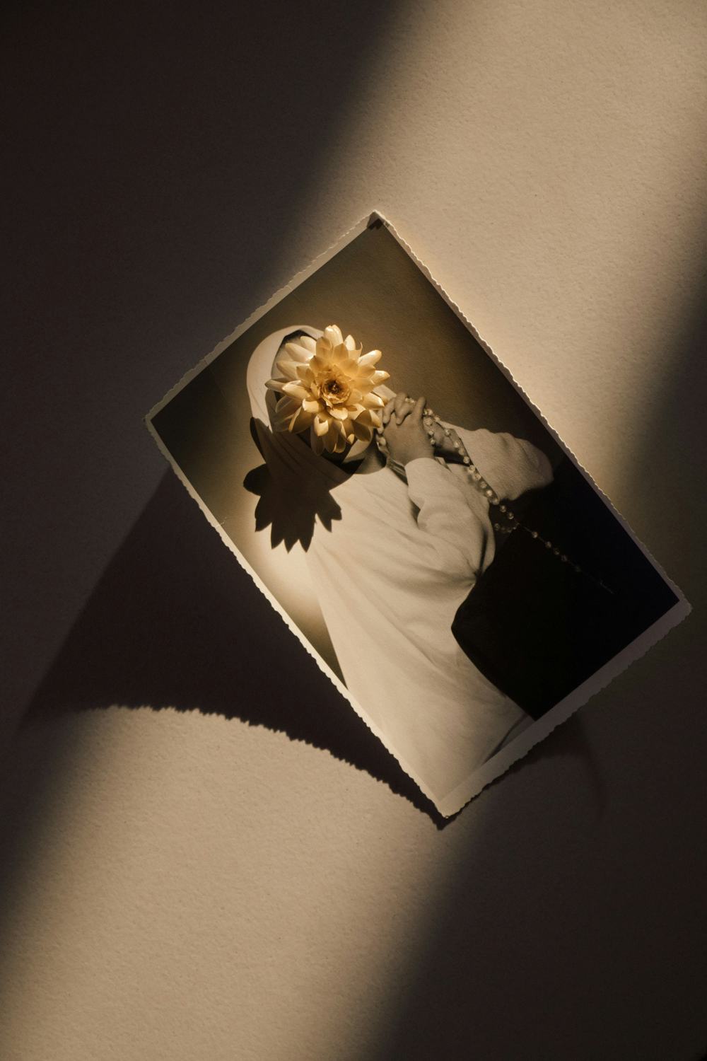 Photograph of an archival image on a backlit surface, partially covered by a flower. The image shows what appears to be a praying Christian nun.© Marisol Mendez