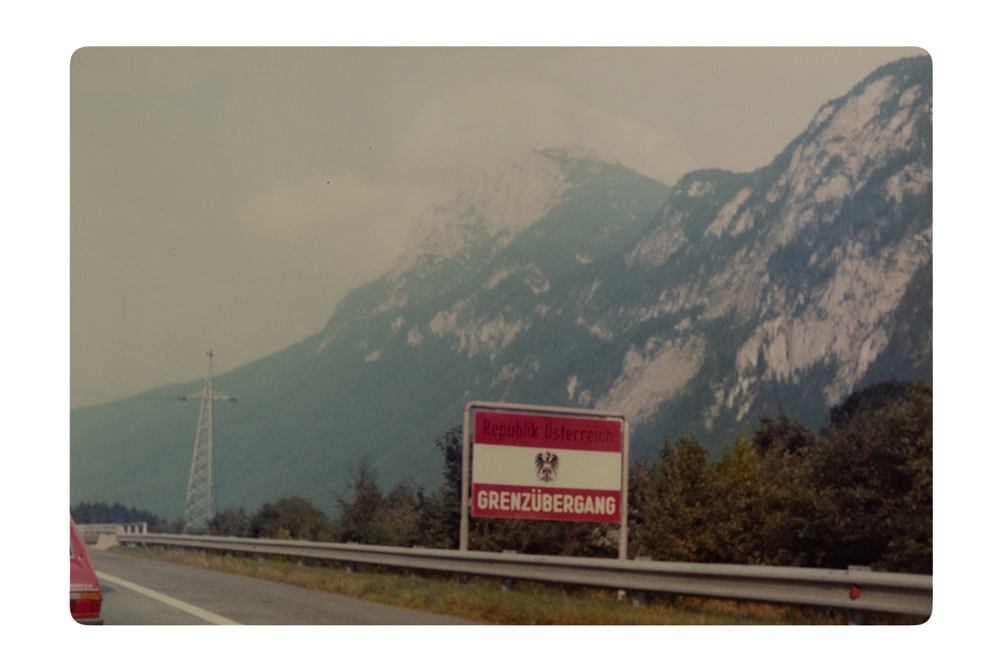 Archival holiday picture from the artist's personal archive, showing the border crossing with Austria, from the highway © Sander Coers