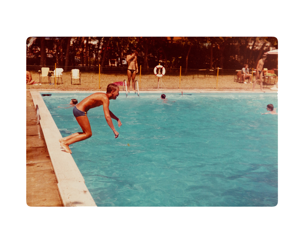 Archival holiday picture from the artist's personal archive, showing a boy jumping into a pool © Sander Coers
