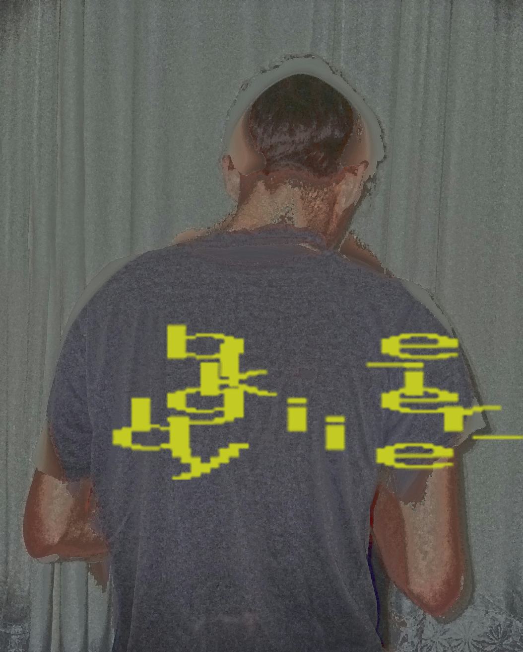 Glitchy image of a man's back, with yellow letters edited on top. ©Kıvılcım S Güngörün