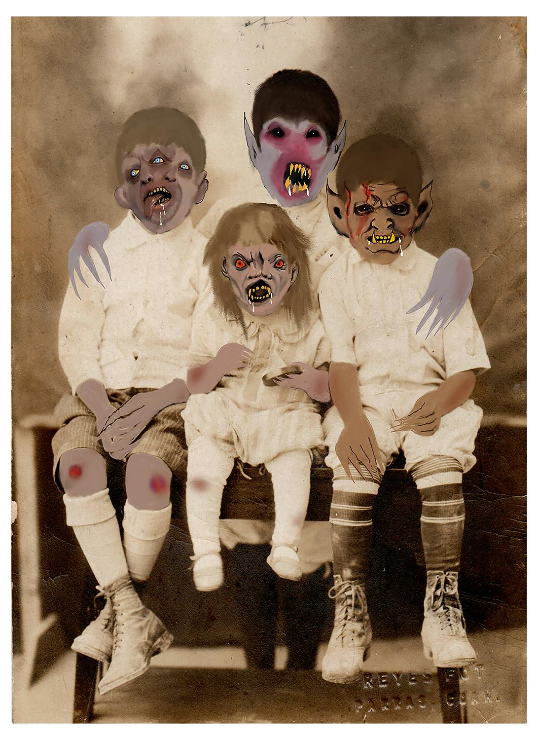 Archival photo, altered with devil-like representations on the heads of kids.