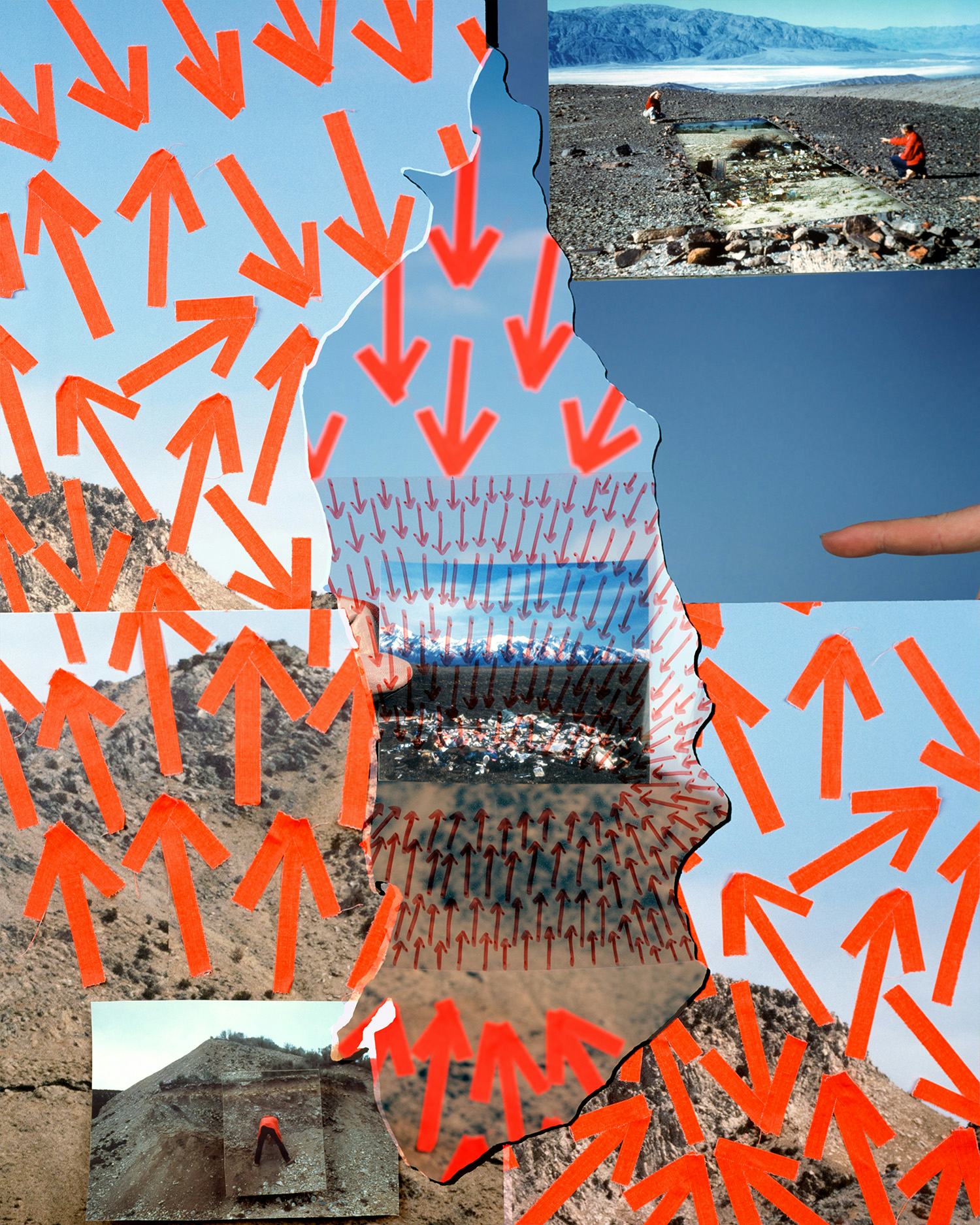 Analogue collage showing several images of the West Desert in Utah, covered in orange arrows © Jaclyn Wrightt