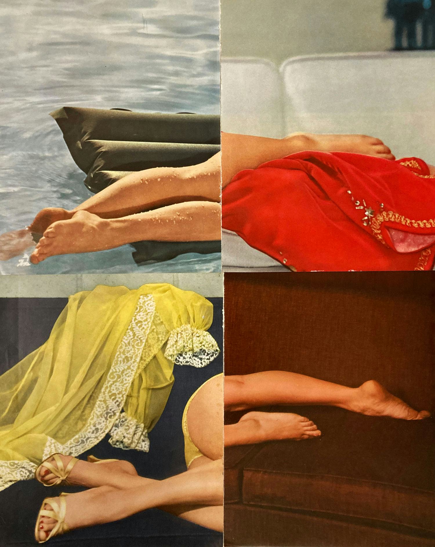 Collage of four magazine images showing legs
