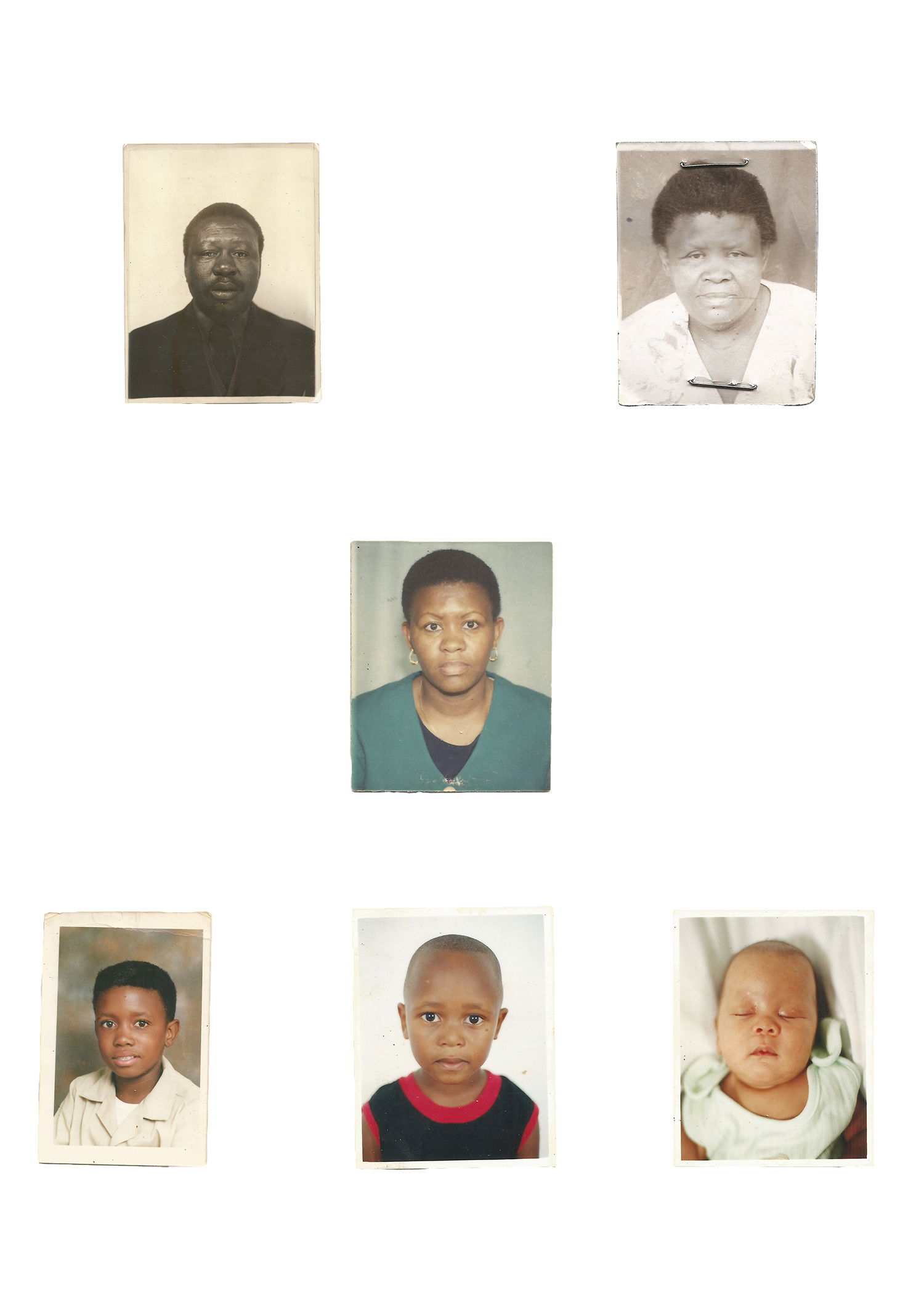 Six passport photos of family members of the artist © Thero Makepe