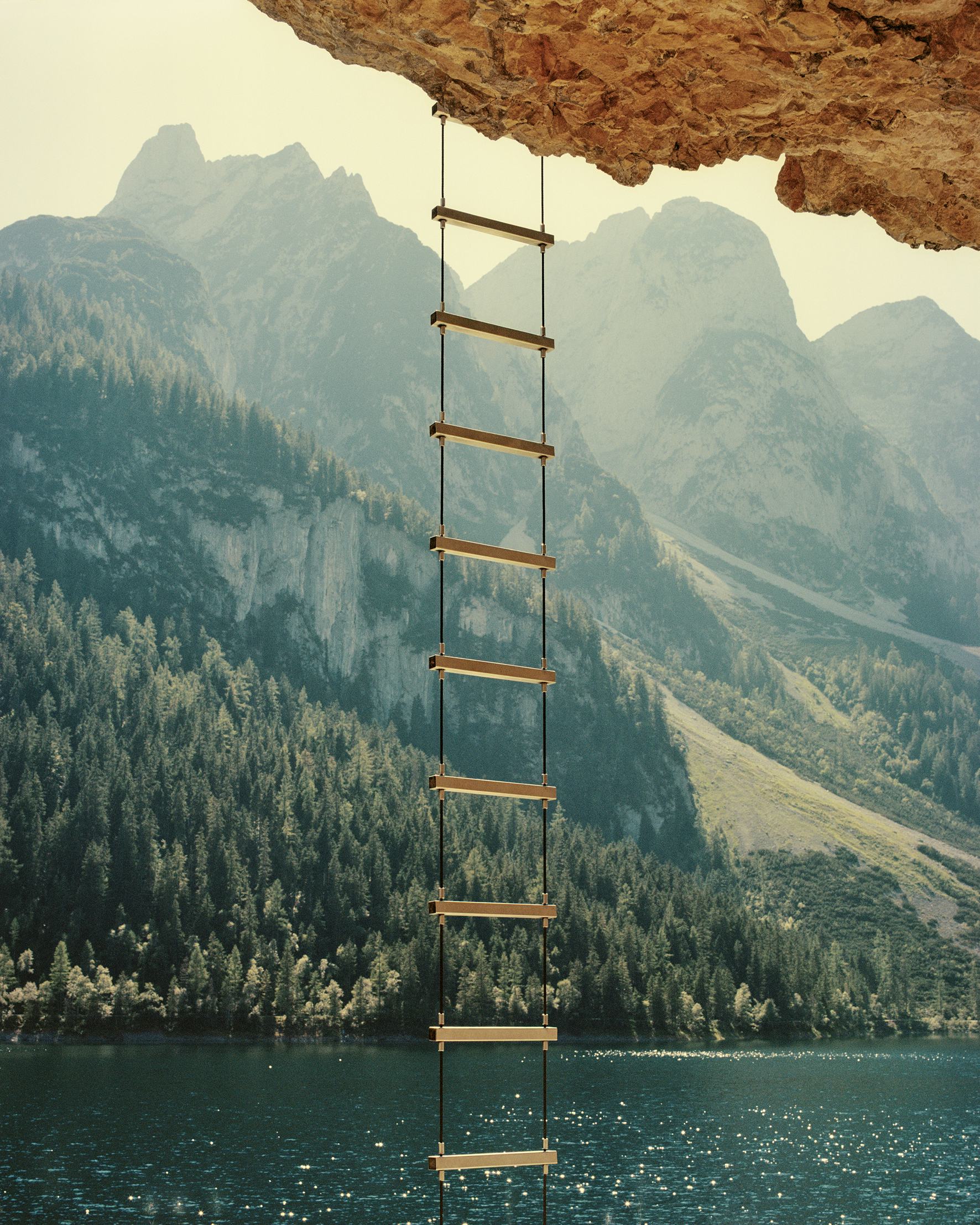Ladder hanging from a rock 