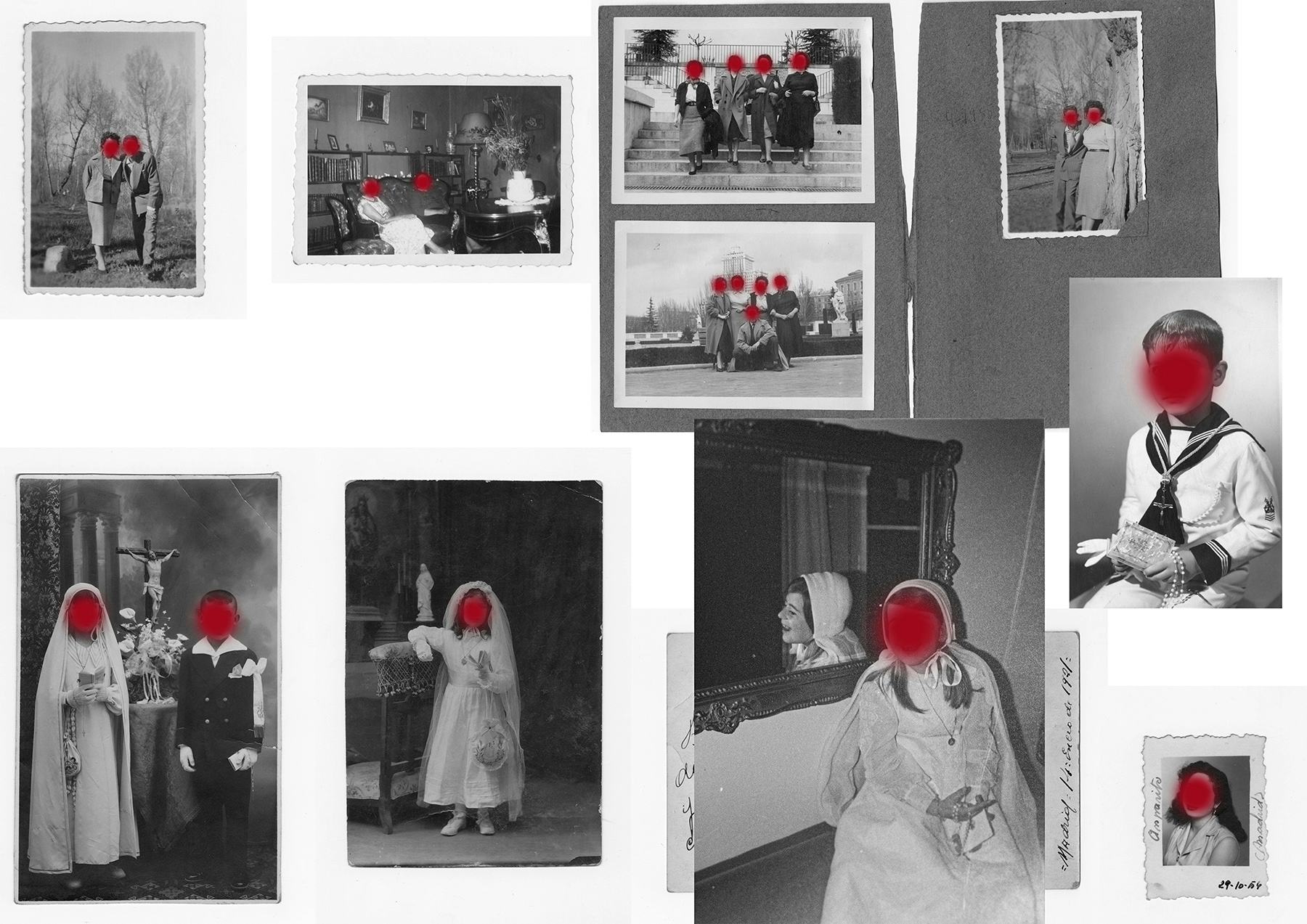 Several black and white portraits of families, children and weddings. All the faces have been blurred by a red stain. © Lucia Higuera