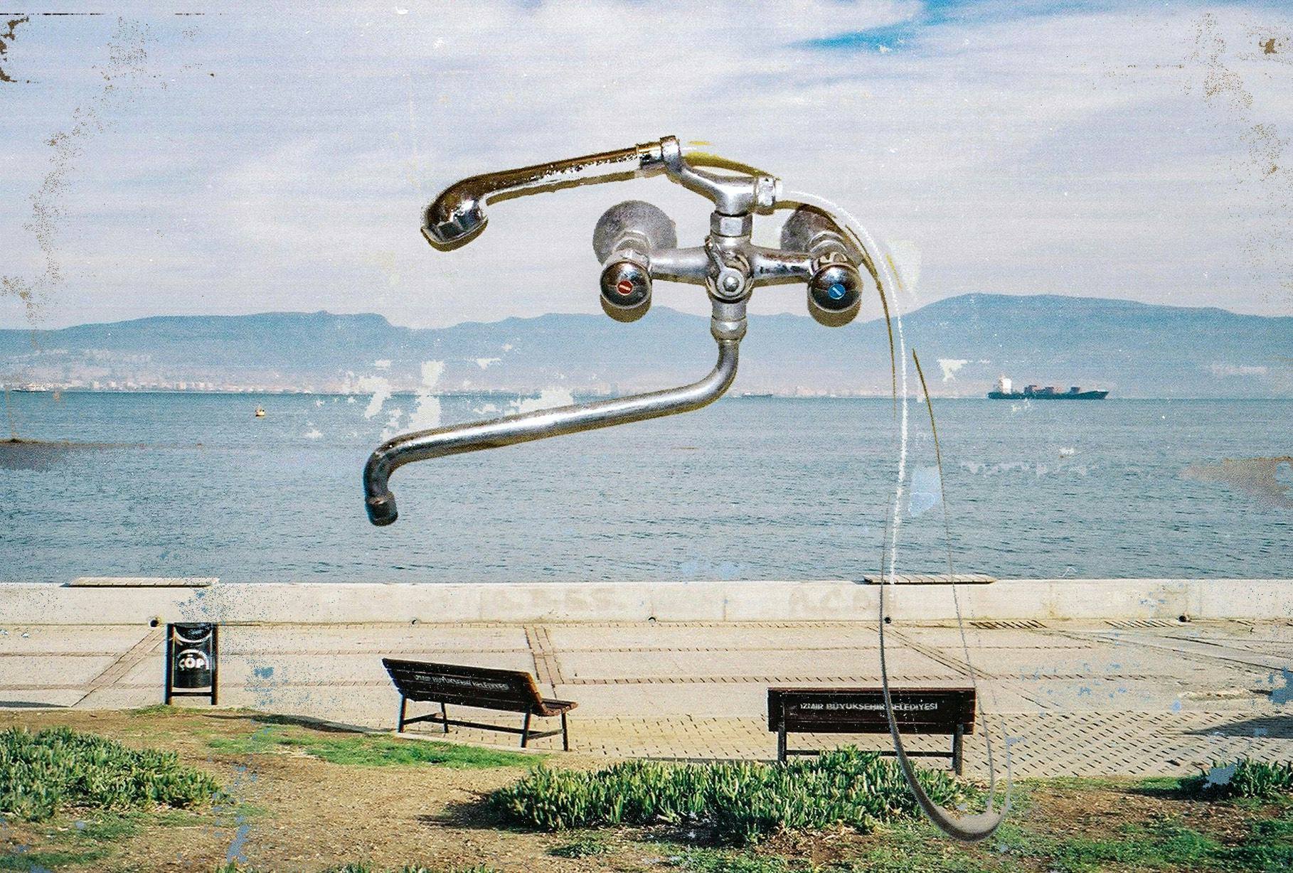 Collage of a shower tap on top of a photo of a park looking over the sea. ©Kıvılcım S Güngörün