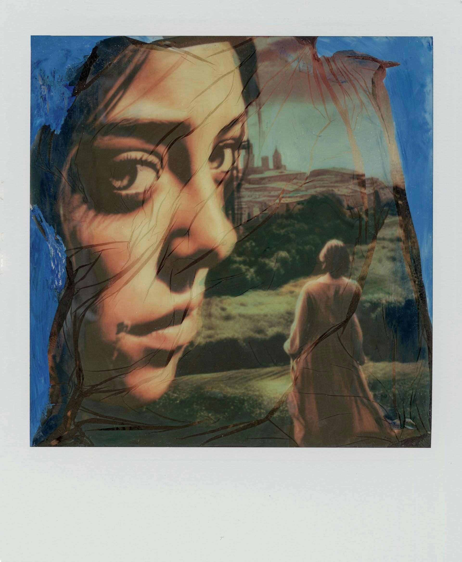edited polaroid of a woman's face superimposed on a Tuscan landscape