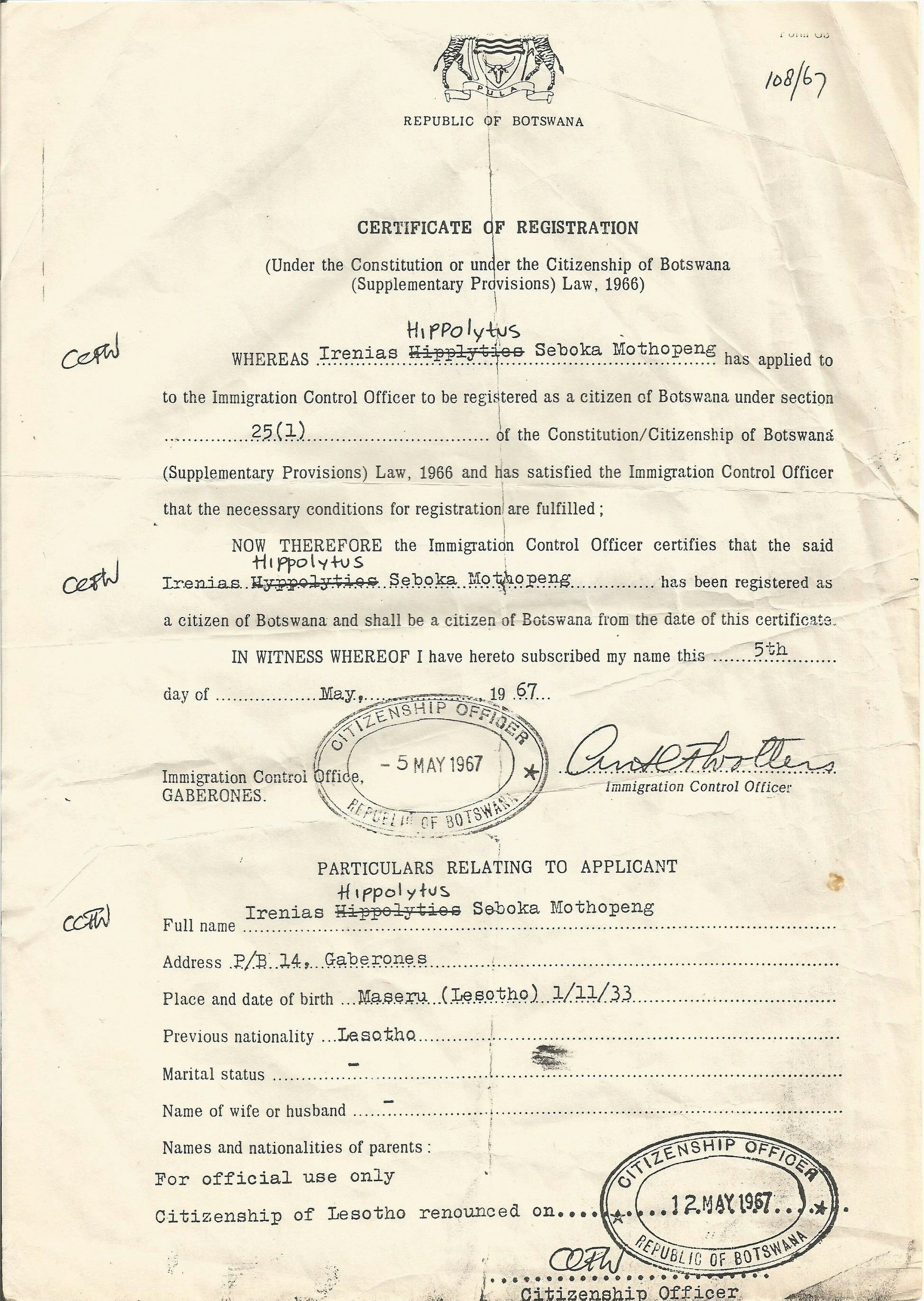 Certificate of Registration of Hippolytus Mothopeng. © Thero Makepe