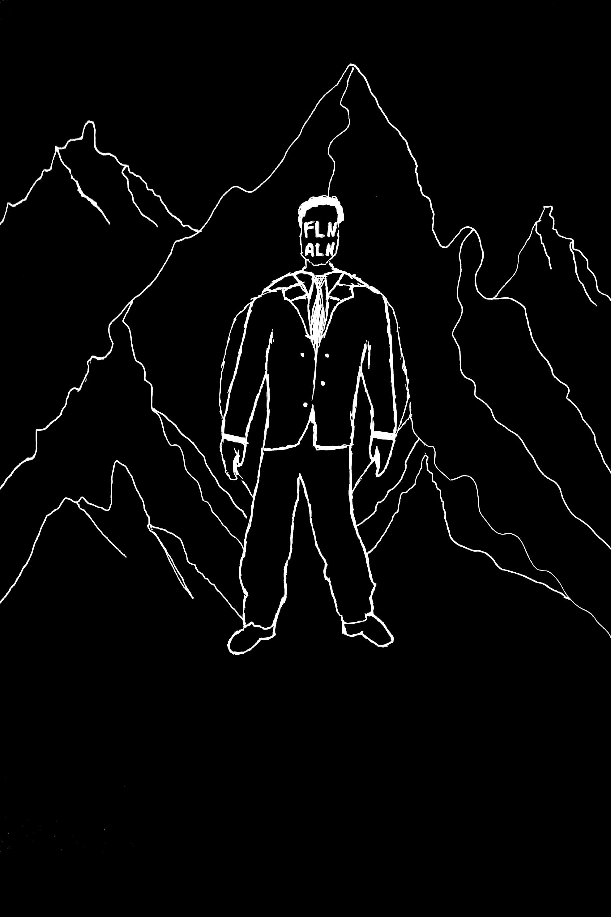 Black and white drawing of a man in front of mountains with FLN ALN written on his face. © Issam Larkat