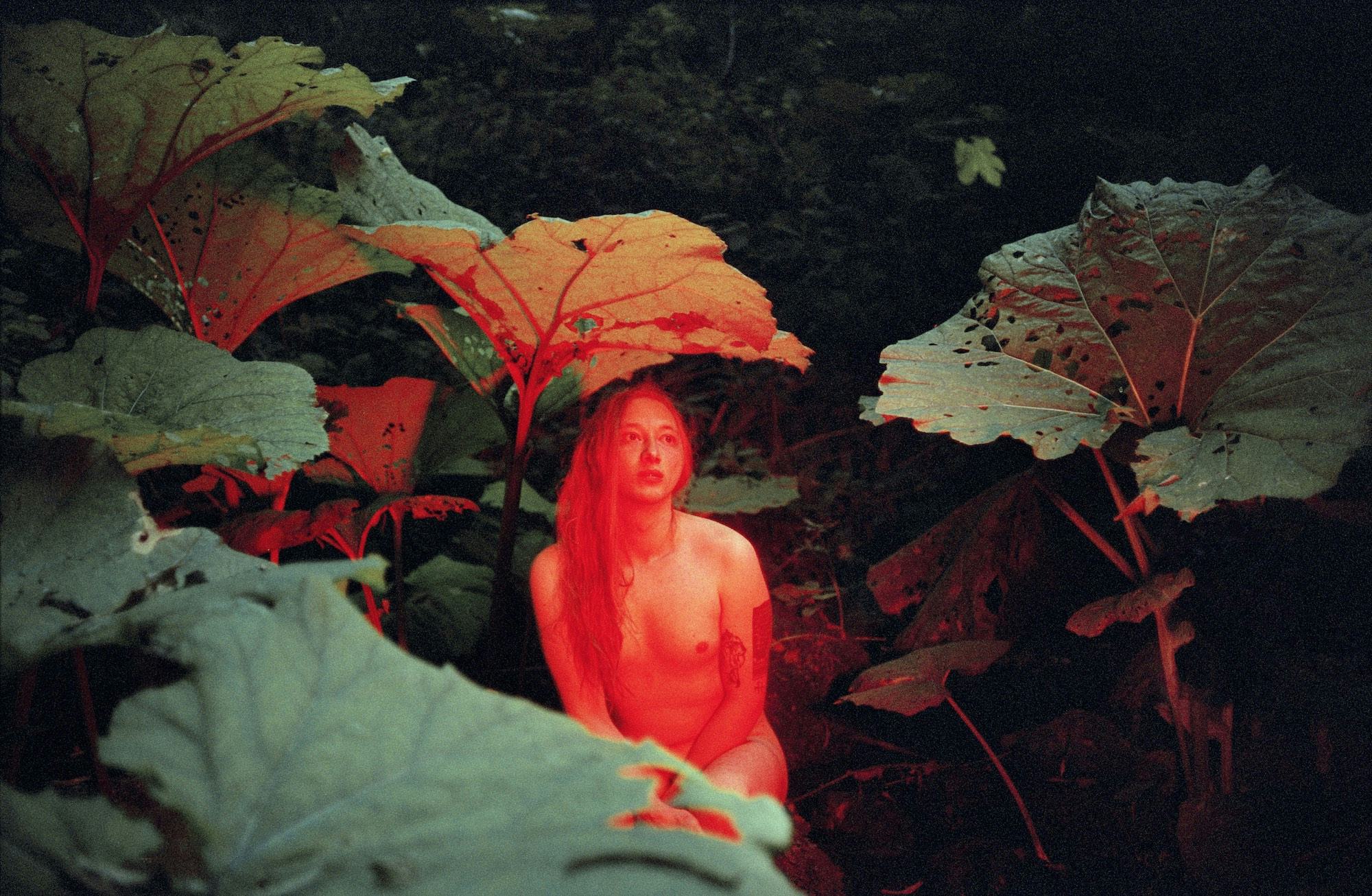 Portrait of a nude person, coloured in red light, in between large plants © Cansu Yıldıran
