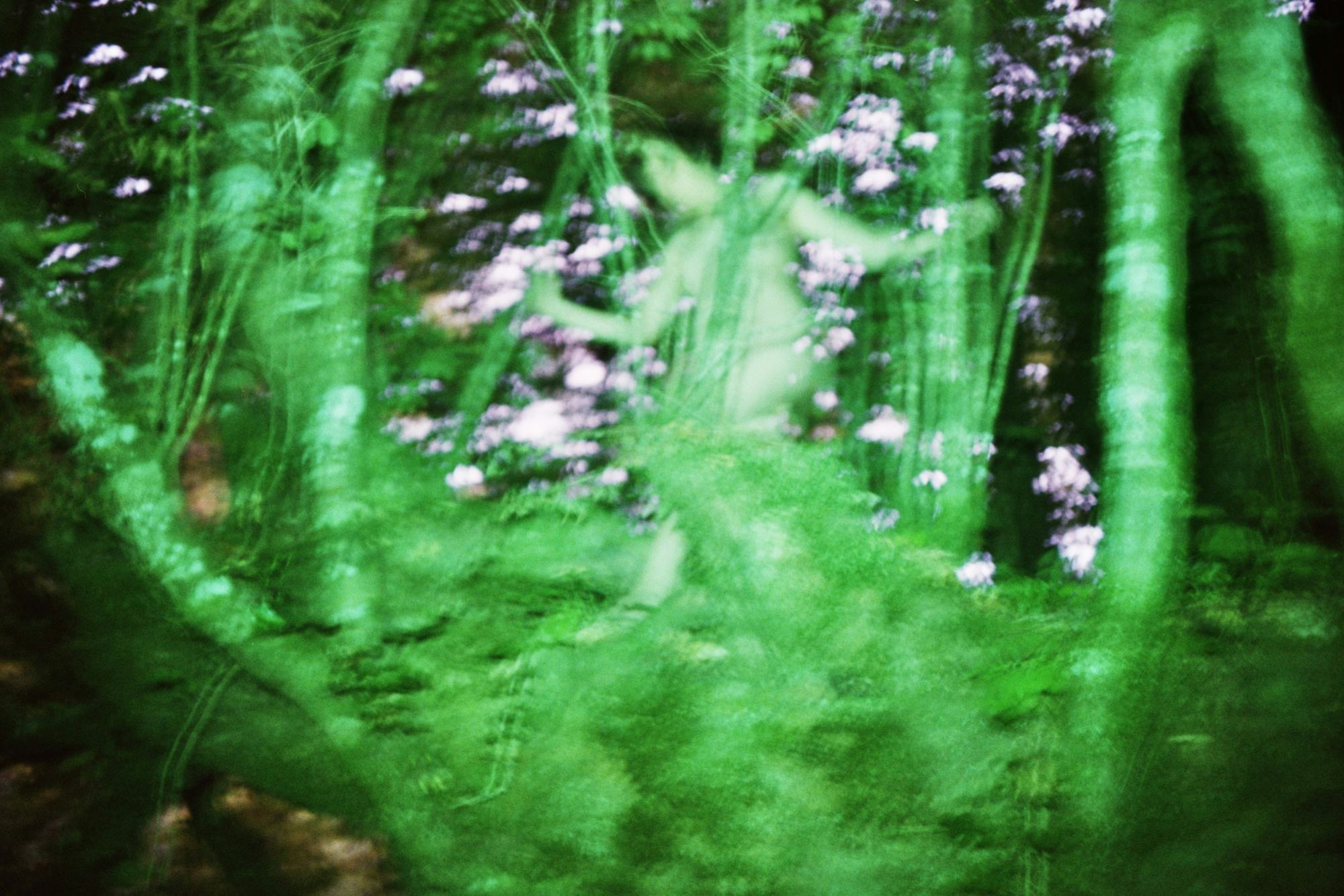 Blurry image of a green figure walking in between green shrubbery © Cansu Yıldıran