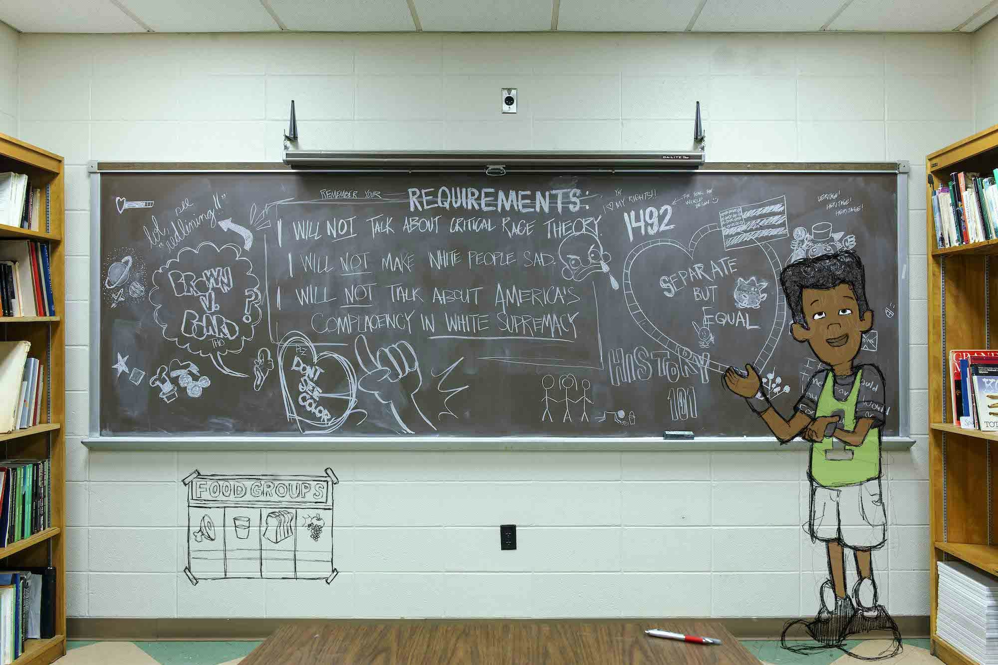 Picture of a class room and black board full of drawings and writings. A drawing of a Black boy is sketched on top of the photograph. © André Ramos-Woodard