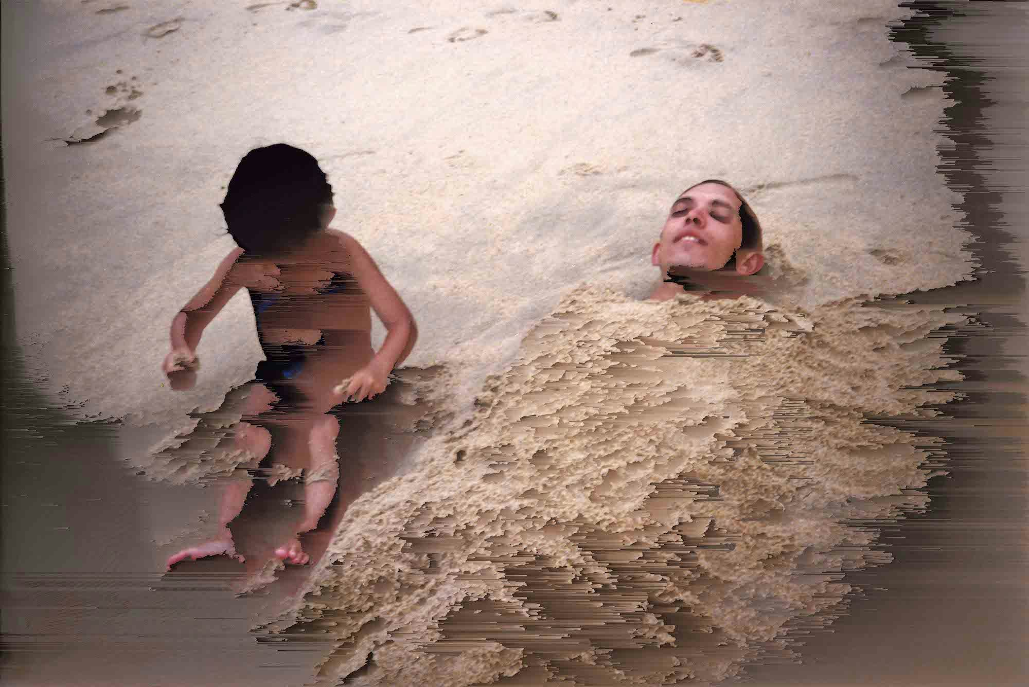 Archival picture of the artist as a small child, sitting besides his father on the beach. The pixels in the photo are manipulated, blurring the image. © Cristóbal Ascencio Ramos