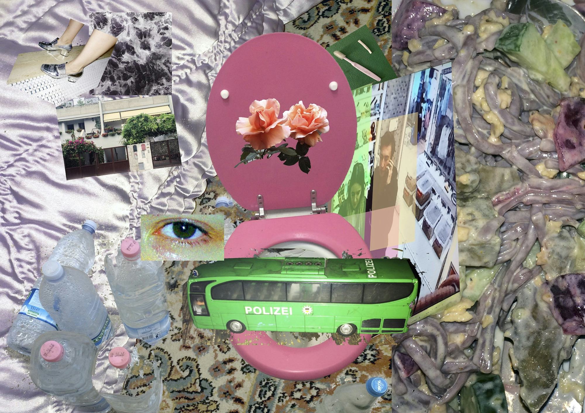 Collage of different photos, showing a pink toilet, green police bus, roses, an eye and water bottles. © Kıvılcım S Güngörün
