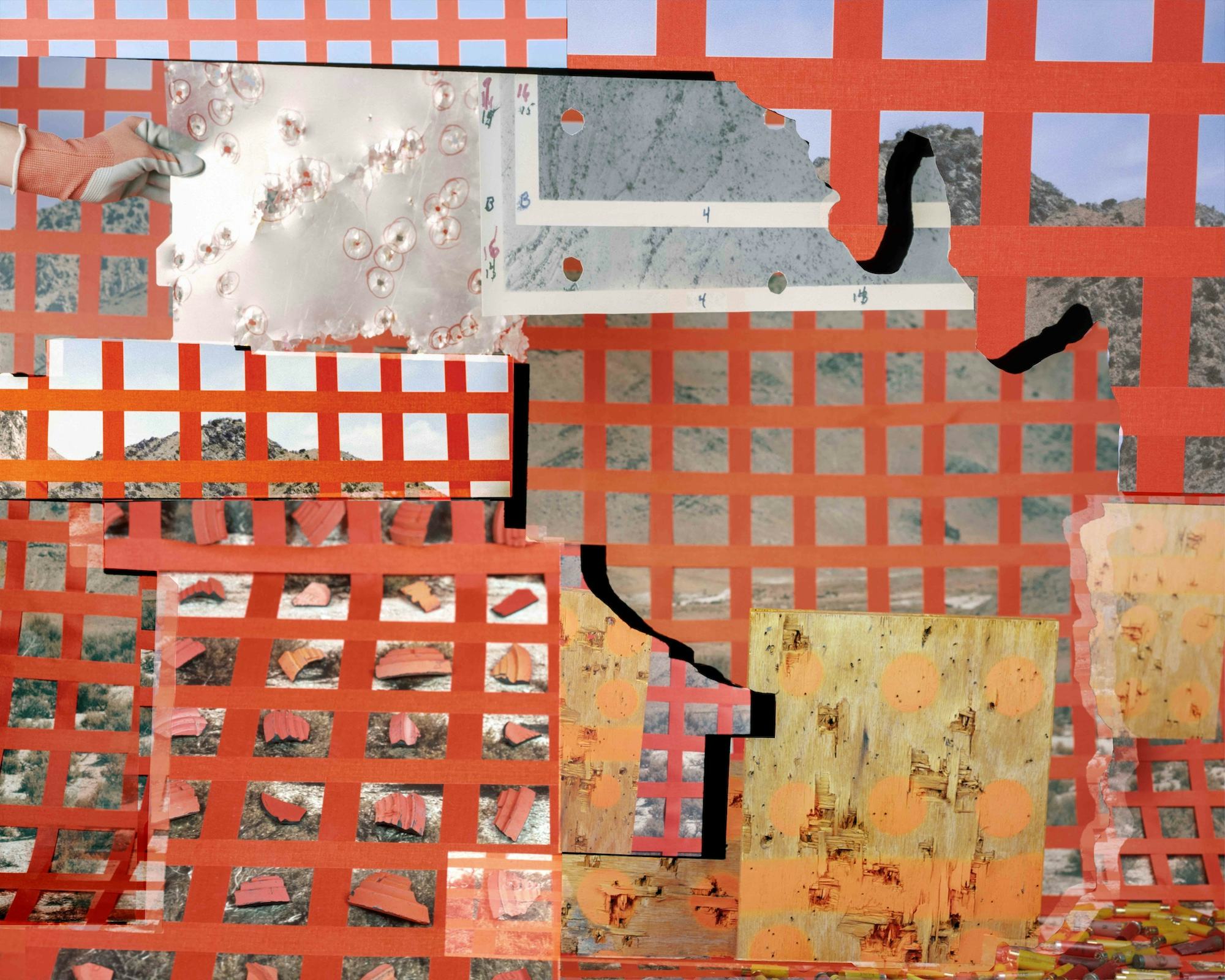 Analogue photo collage showing several orange grids over the West Desert landscape© Jaclyn Wright