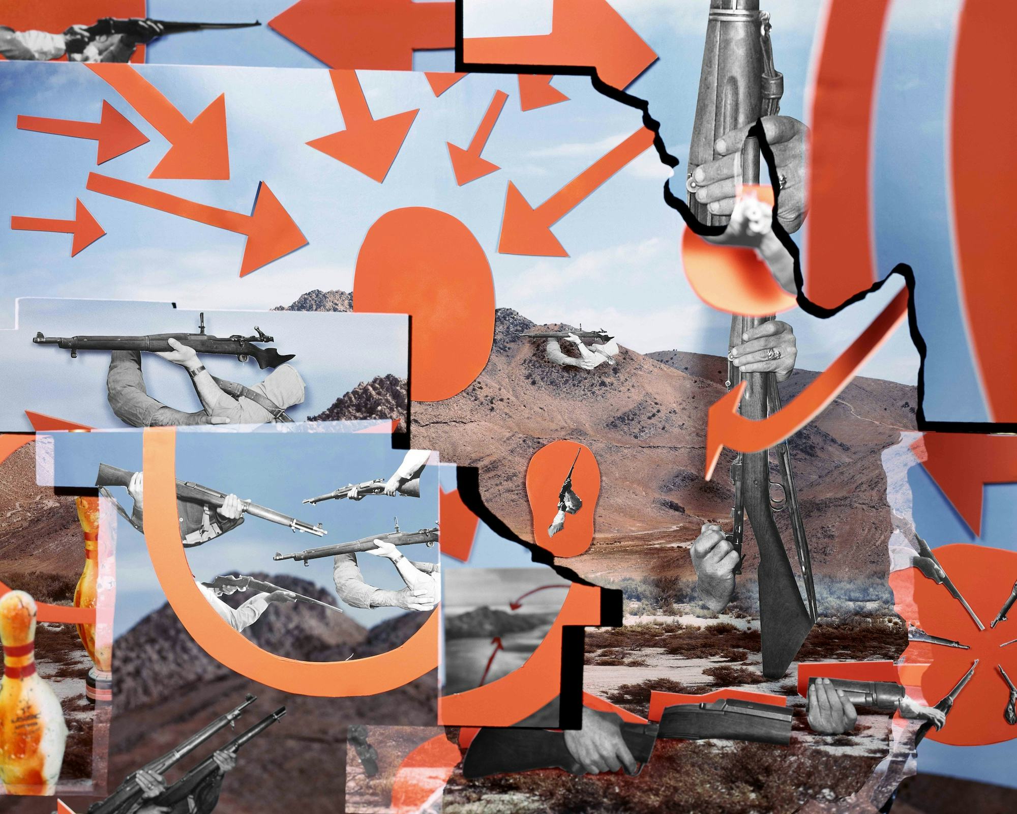 Analogue photo collage showing landscape images of the West Desert in Utah, covered by orange arrows © Jaclyn Wright