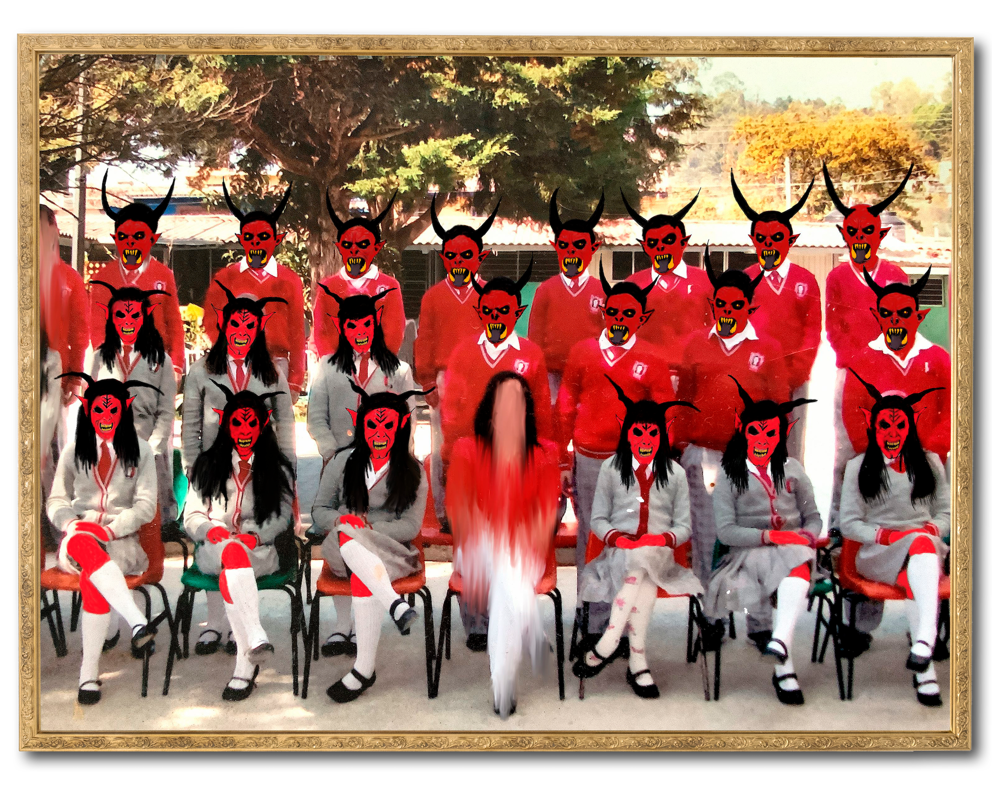 School group photo with several young men and women, whose faces are all manipulated and drawn on to resemble devils.
