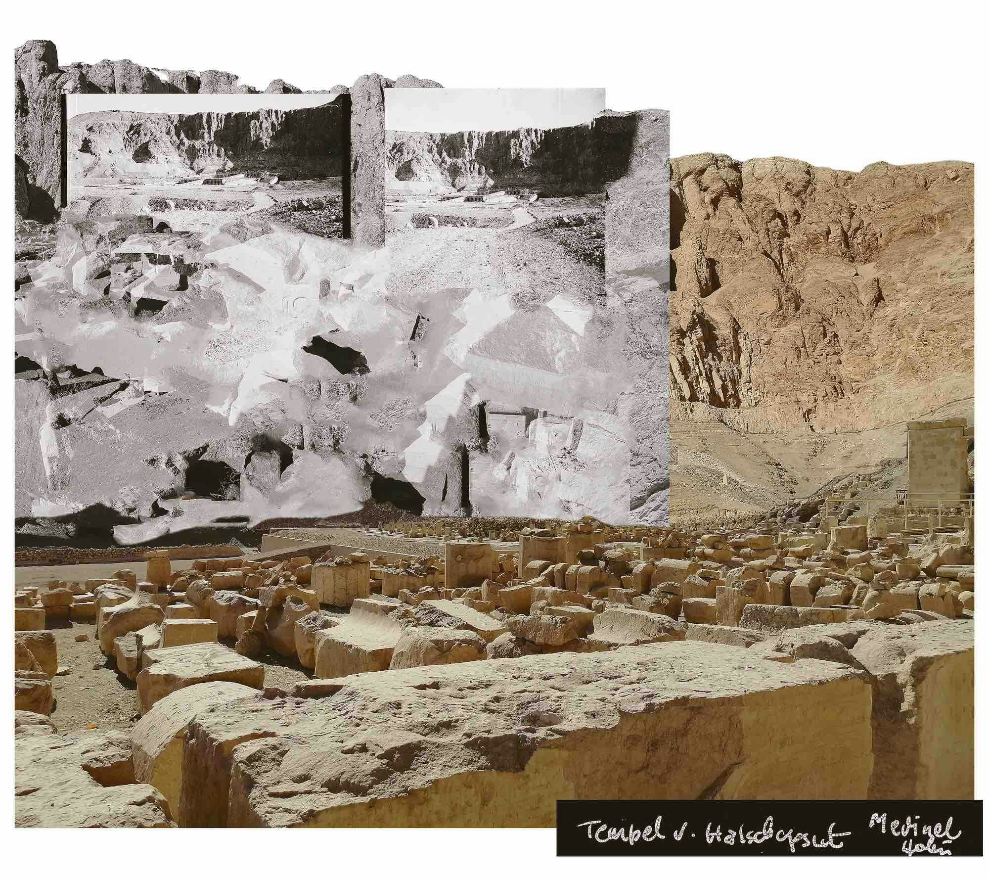 Remains of the temple of Hatshepsut, one colour image, one black and white