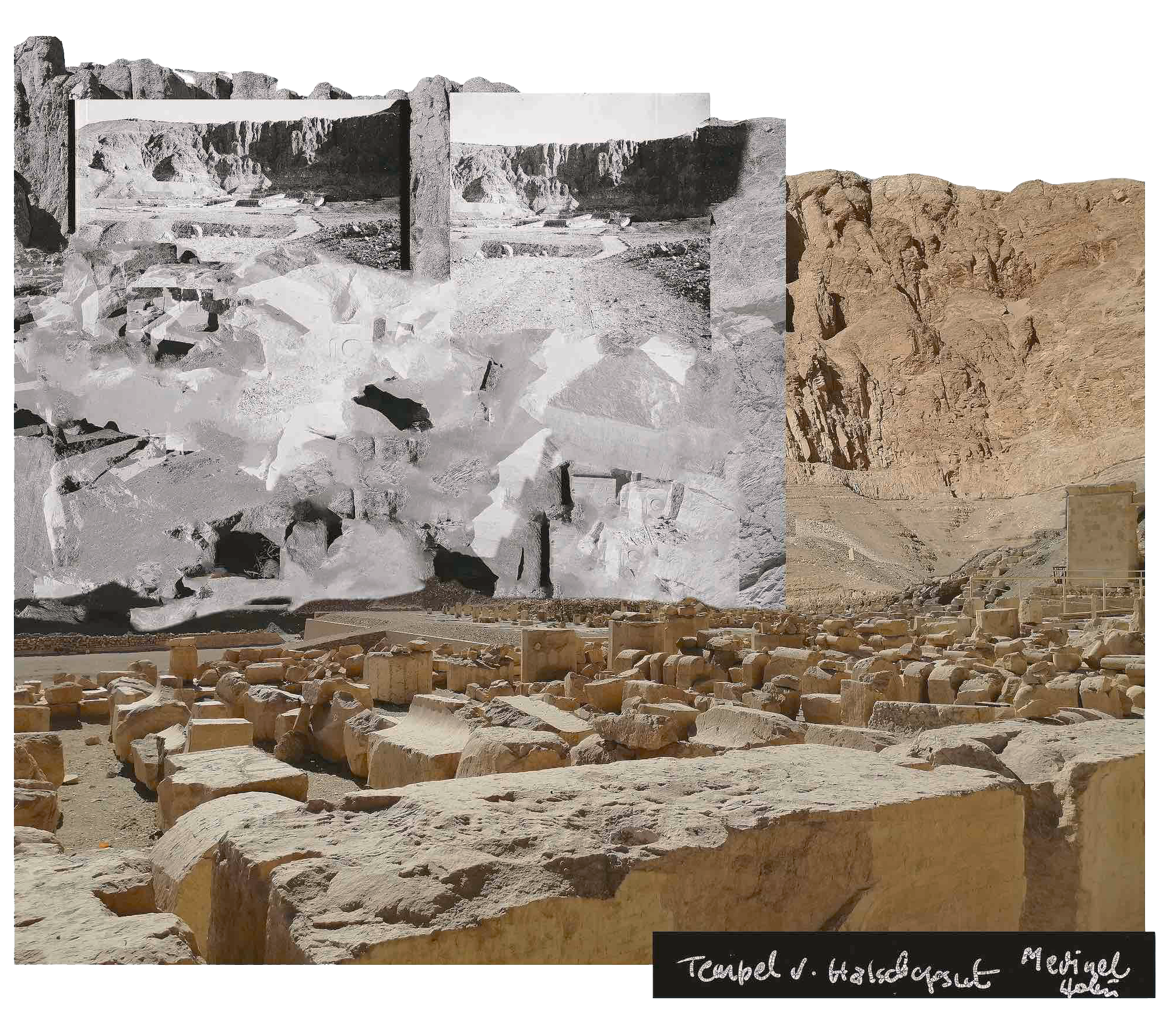 Two images superimposed depicting ruins of Hatshepsut's temple in Egypt