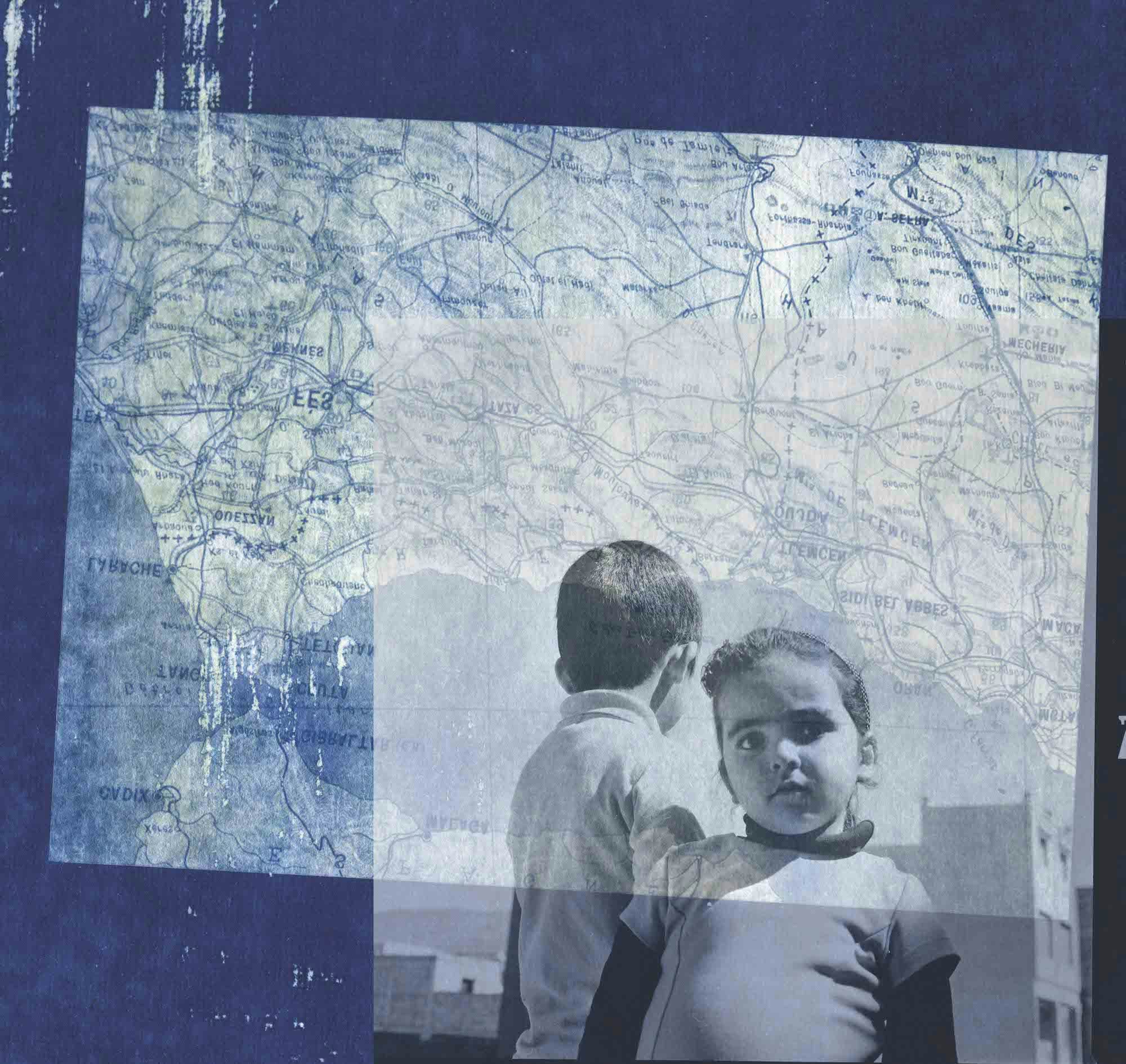 Blue layered image of two small boys, on top of a map. © MAryam Touzani