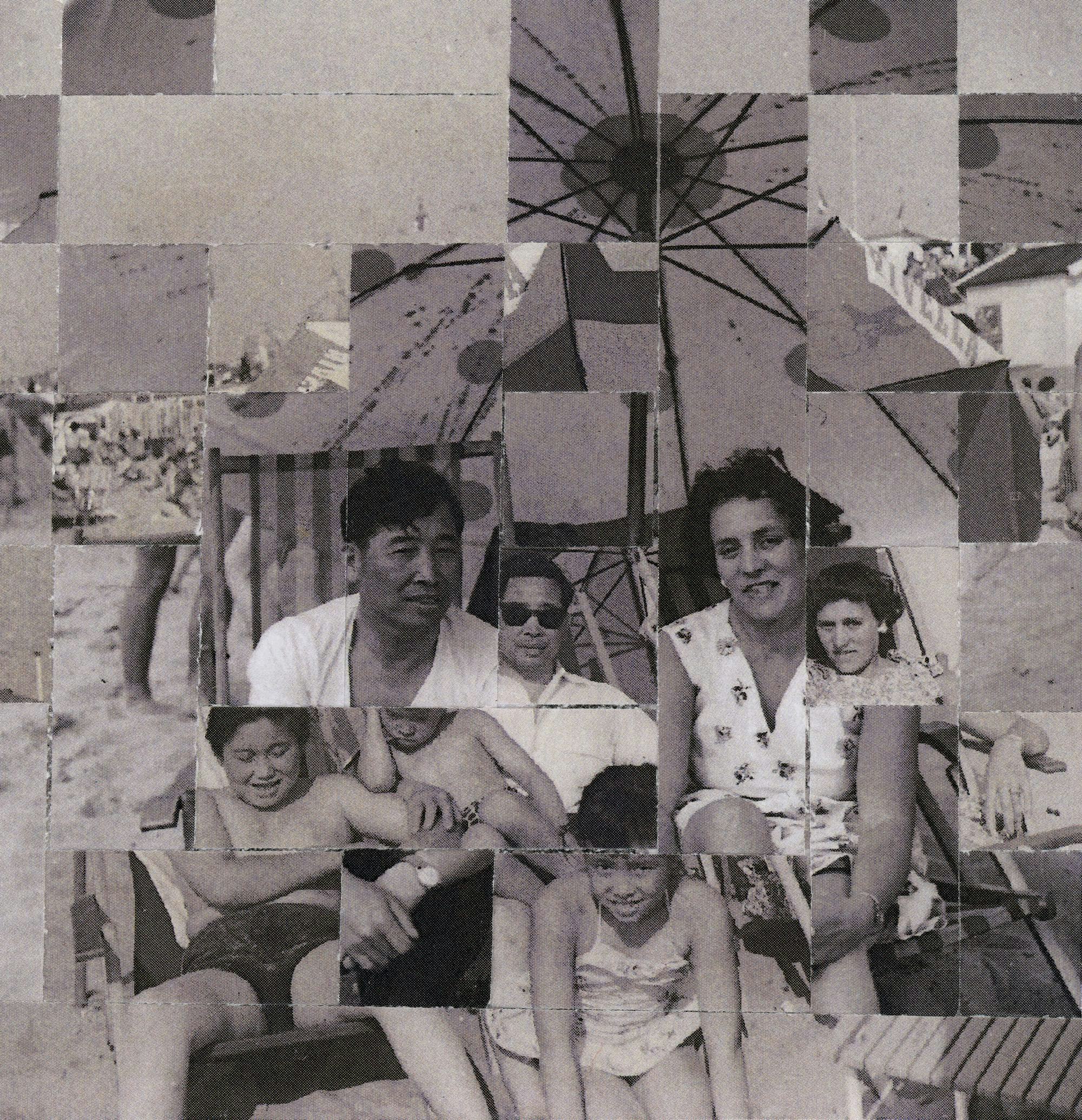Two black and white photographs of Laura Chen's grandparents and family on the beach, woven together