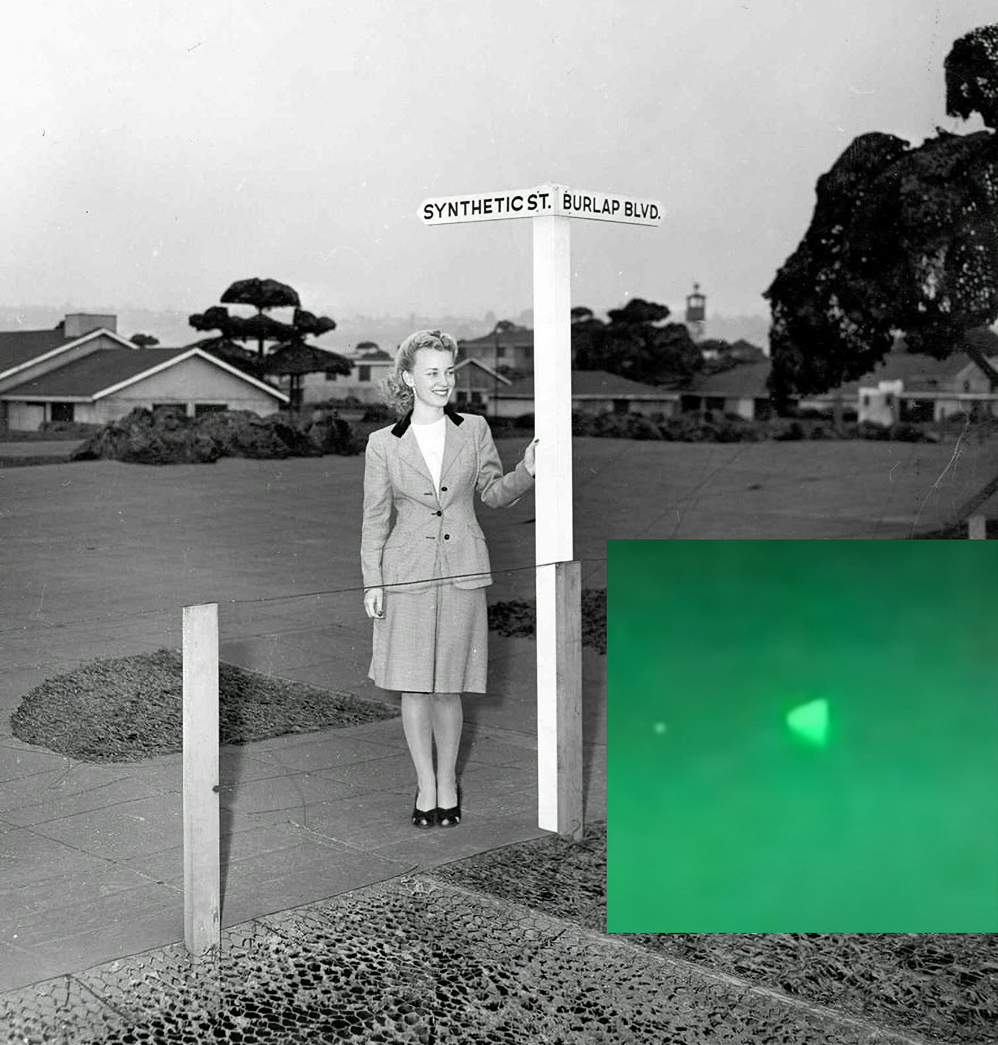 Archival image of a woman posing at a street sign reading 'syntethic street' and 'burlap blvd', superimposed by a night vision image of an unidentified flying object © Andrea Orejarena & Caleb Stein