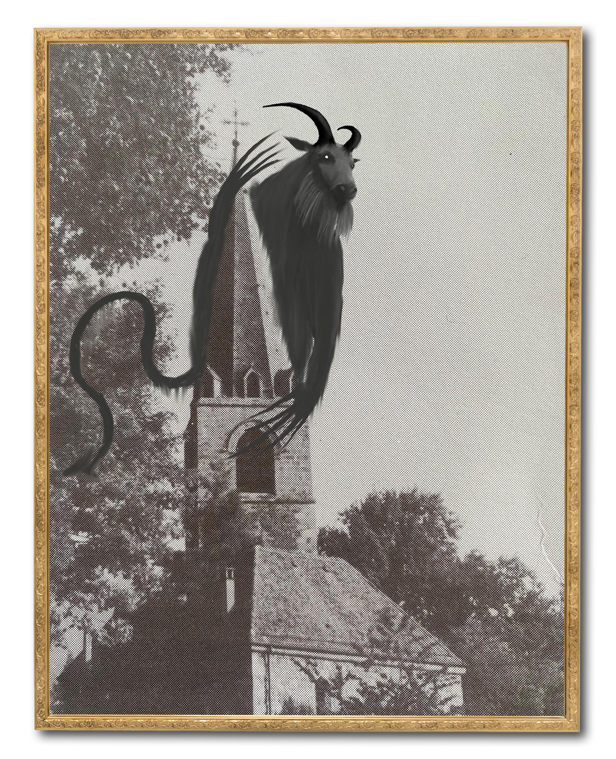 black and white photo of a church tower, with a monstrous creature drawn around it