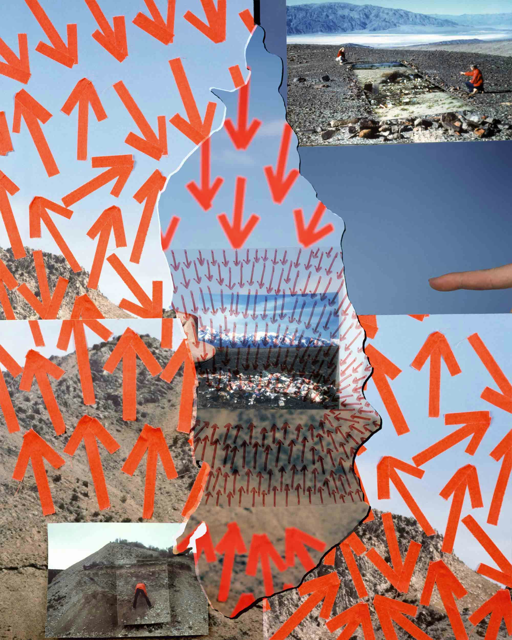 Collage of several images of West Desert landscapes, covered in orange arrows. © Jaclyn Wright
