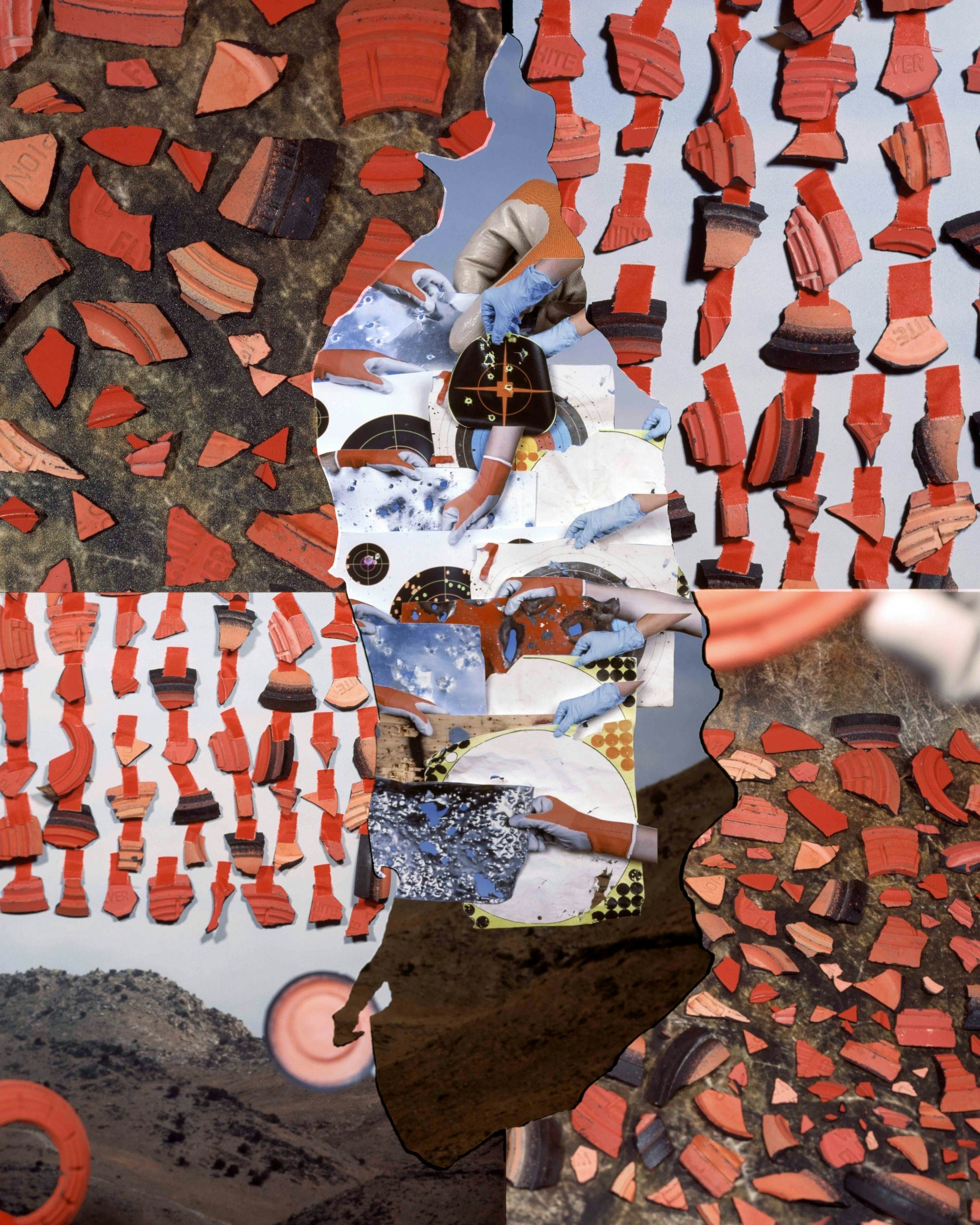 Analogue photo collage showing pieces of orange clay pigeons © Jaclyn Wright