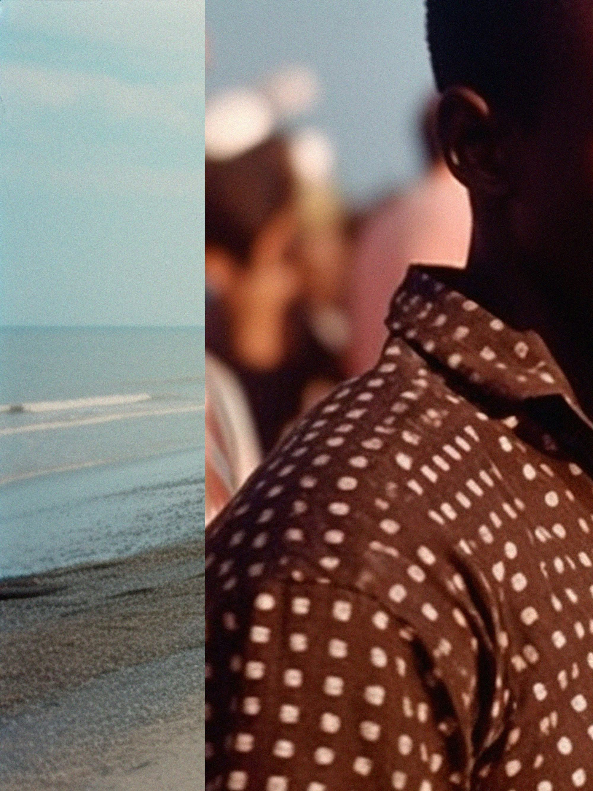 A.I. generated collaged image showing a beach and a fragment of a man, wearing a dotted shirt© Sander Coers