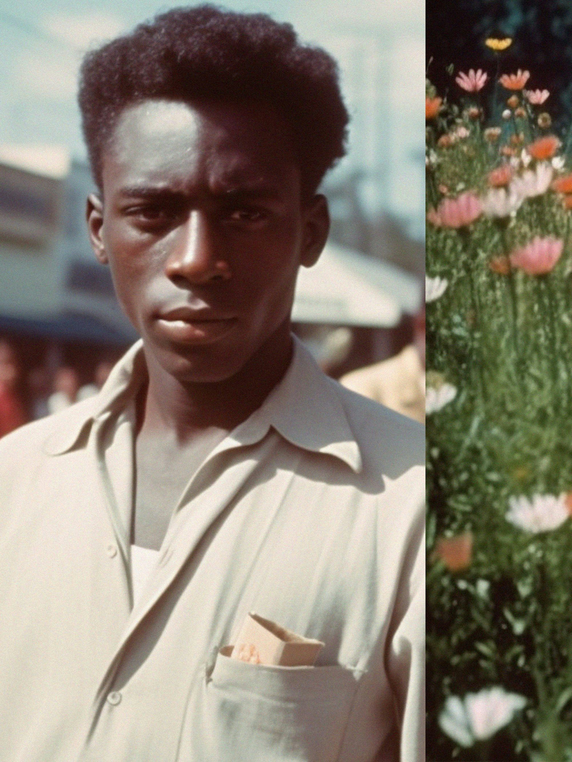 A.I. generated collaged image showing a portrait of a Black man and a field of flowers© Sander Coers