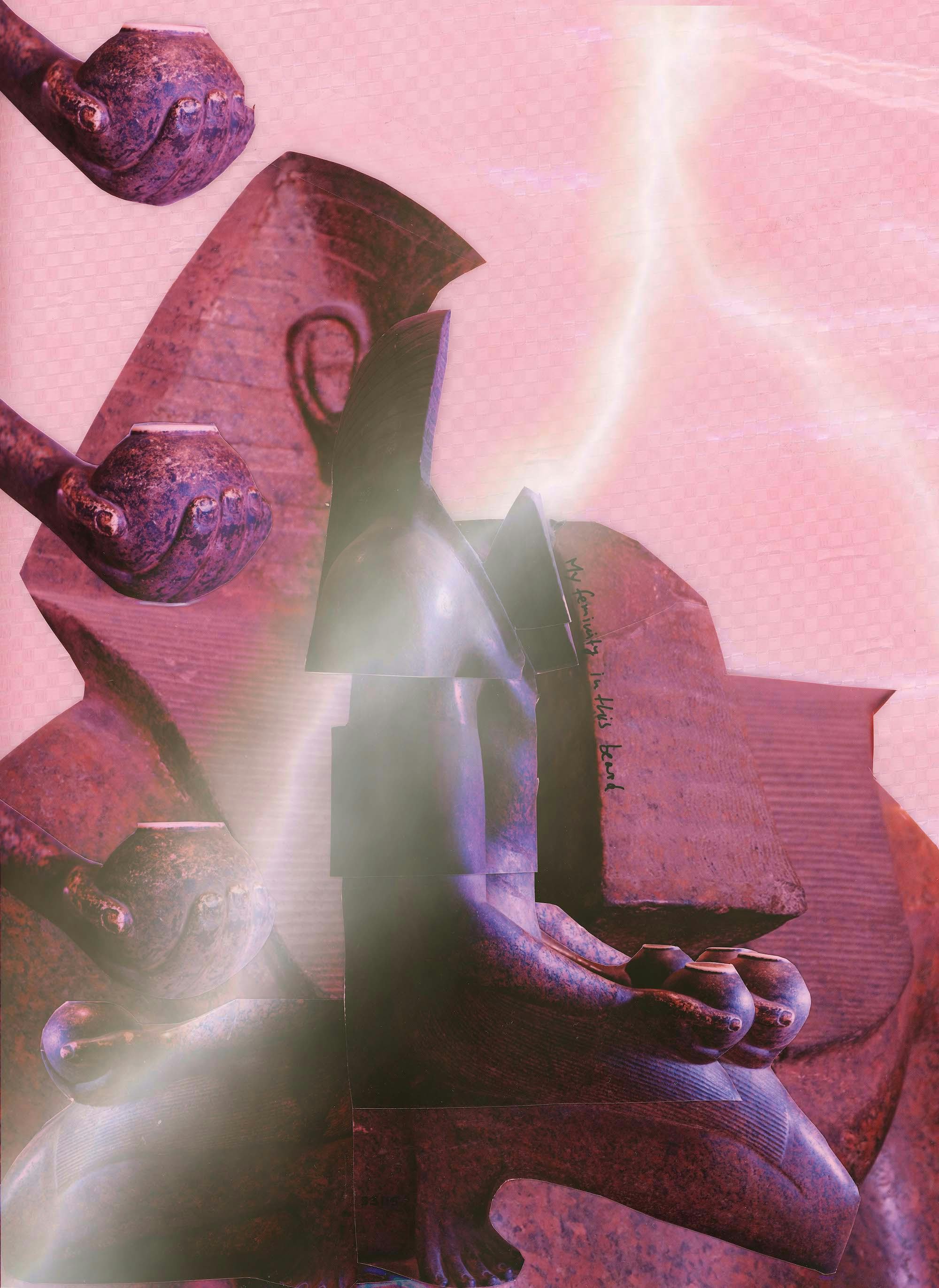 Manipulated image with pink filter of a pharaoh figure with a lightning strike in the middle. © Donja Nasseri