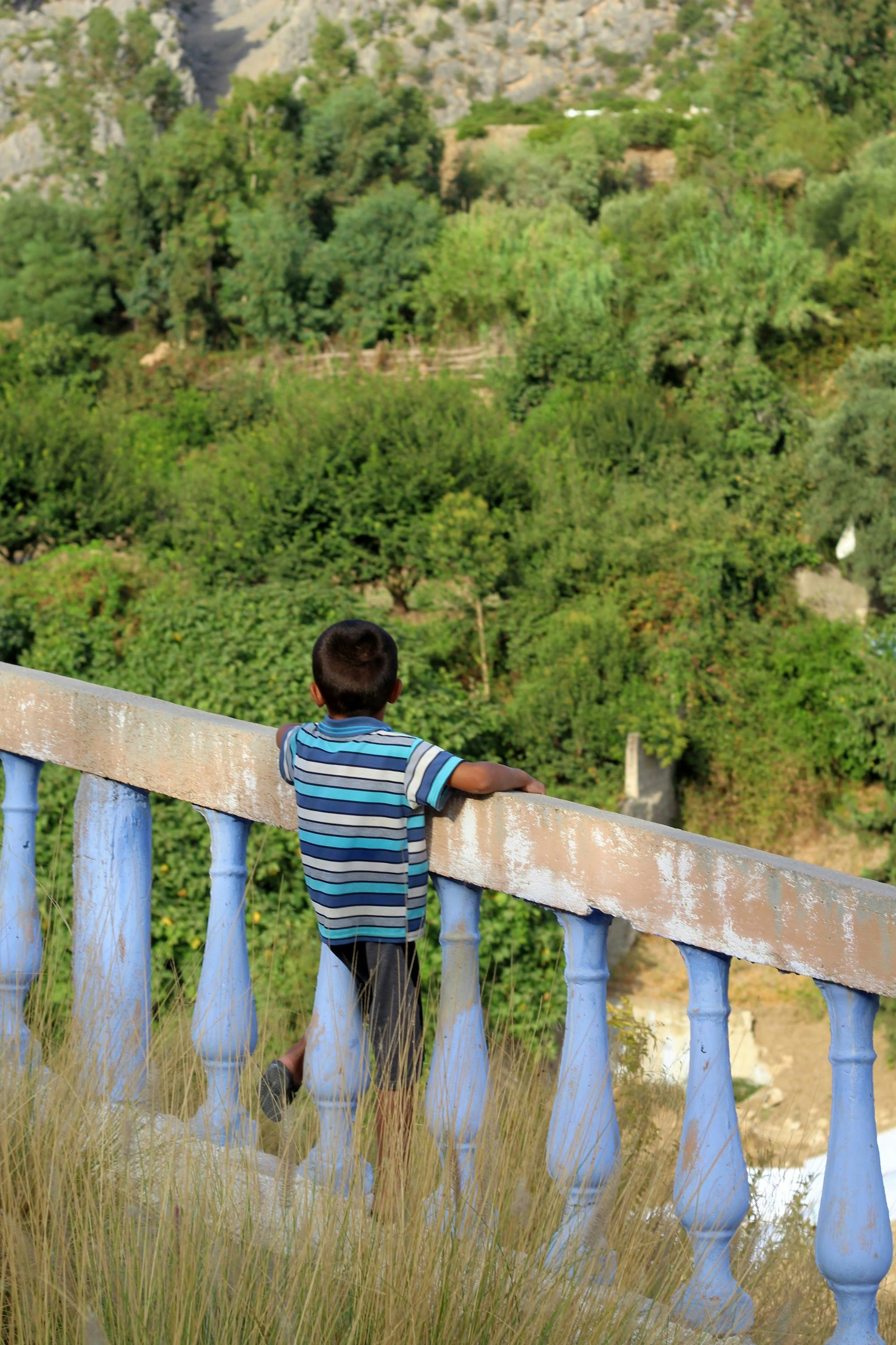 Photo of a boy in striped t-shirt looking over a blue fence. © Dina Bousbaa