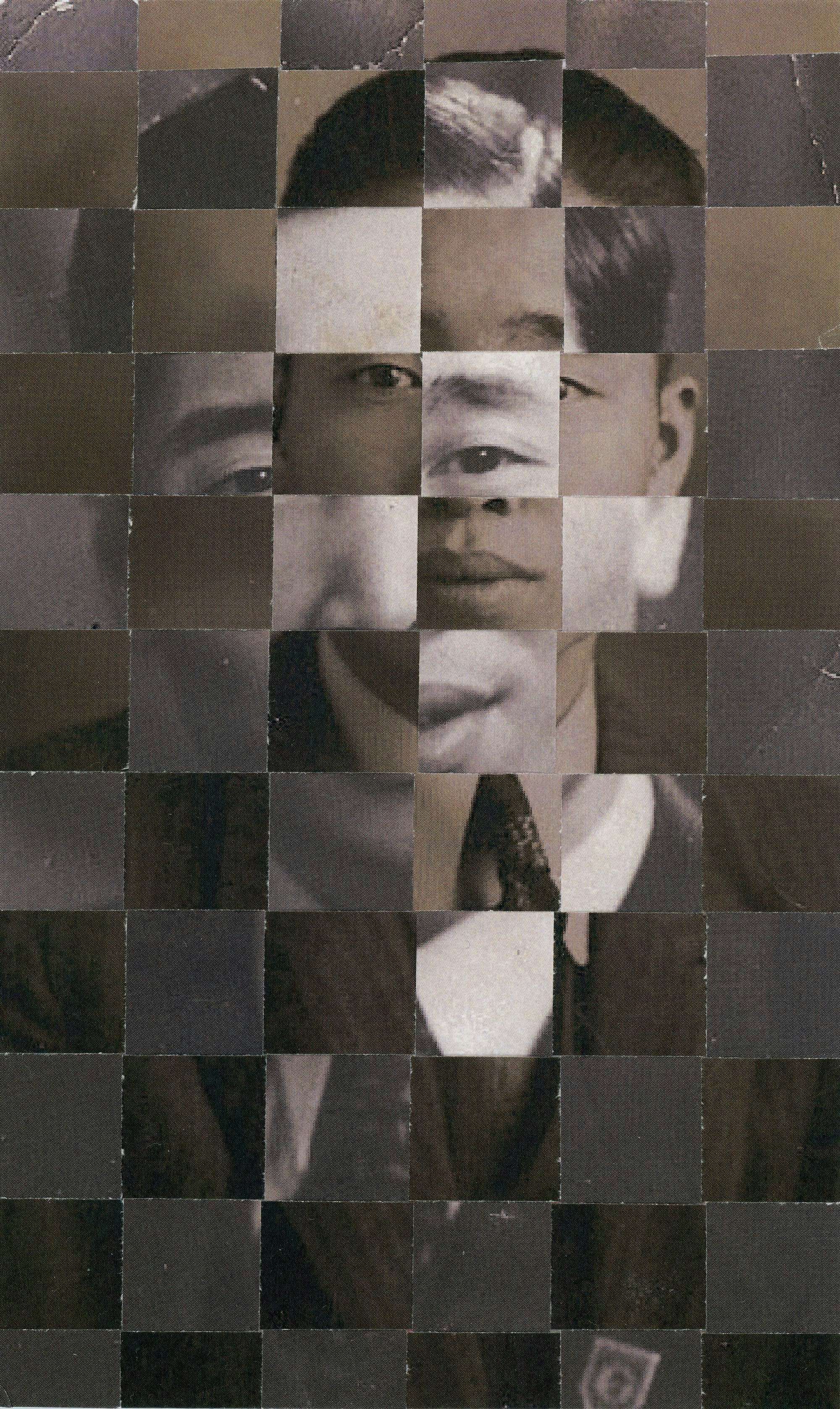 Two photographs woven together, of Laura Chen's granddad and dad