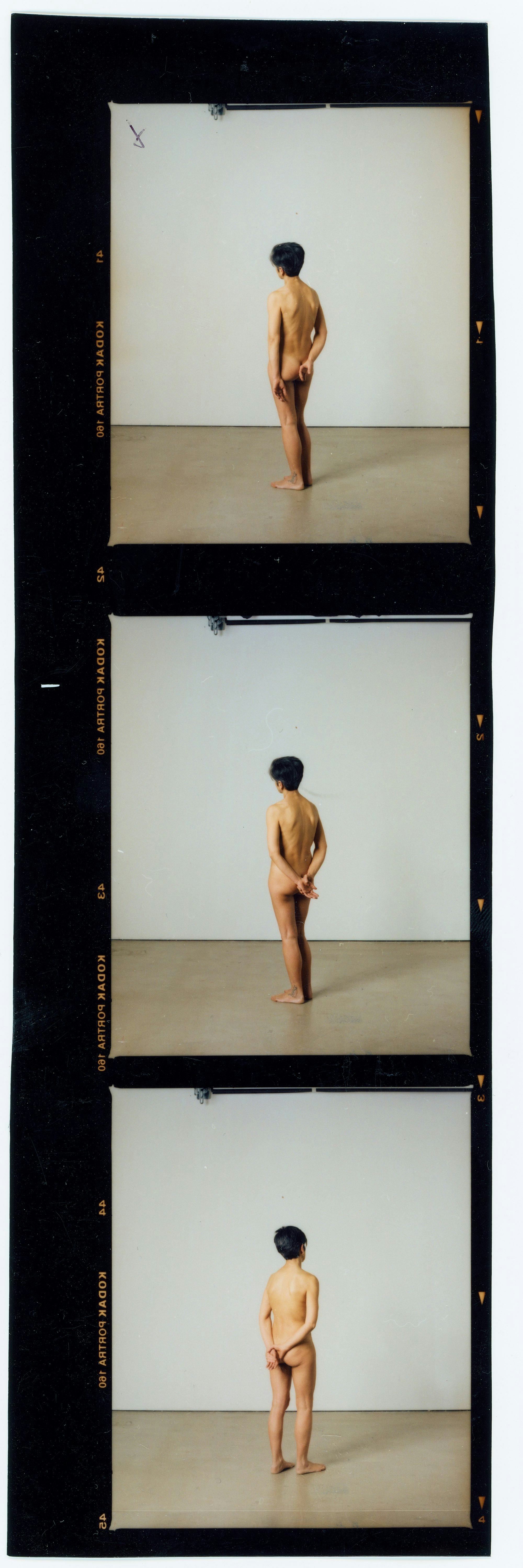 Contact sheet of three images showing the artist's mother posing undressed. © Eleonora Agostini