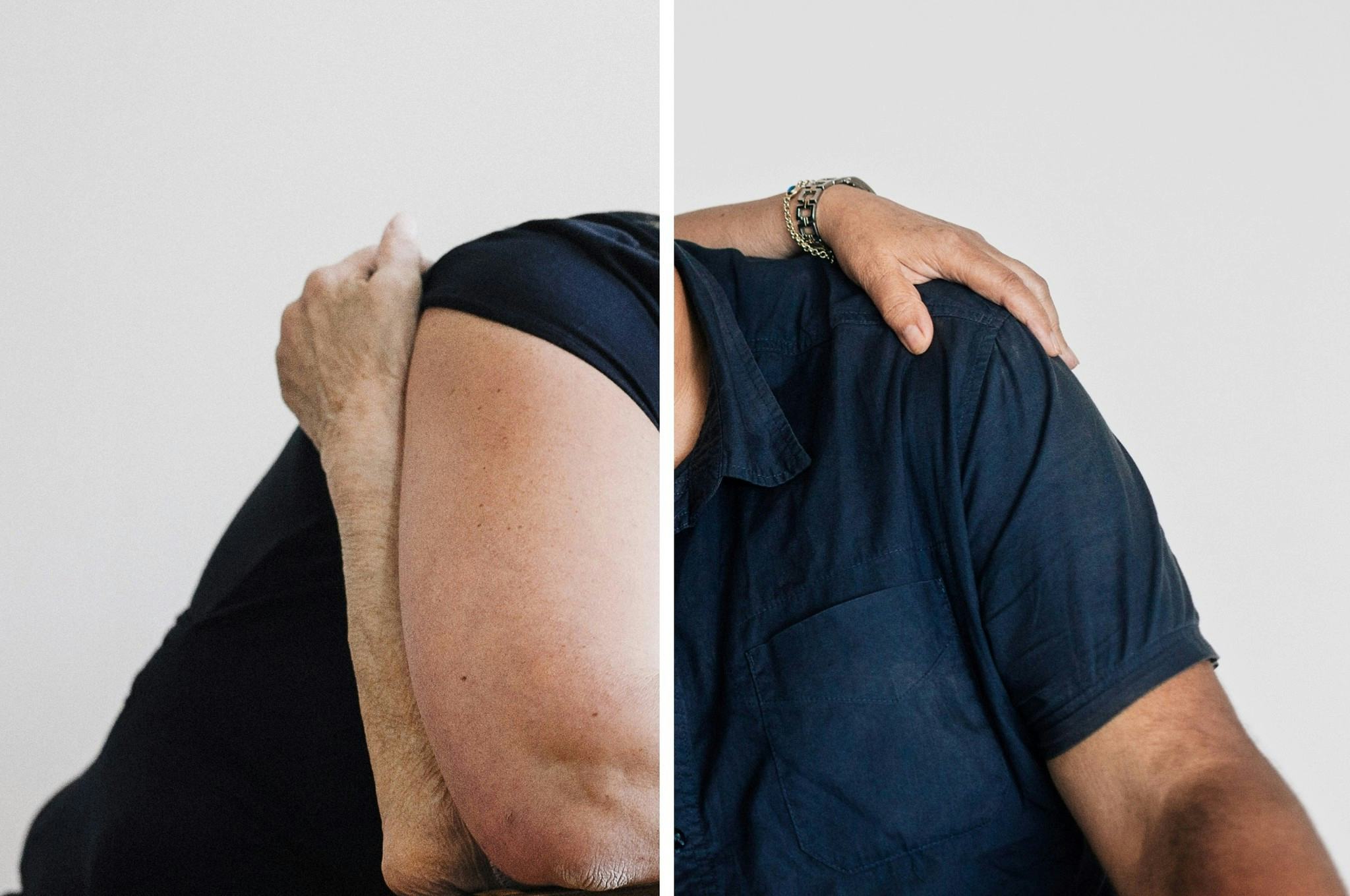 Diptych of two bodies embracing. Only torso and arms are visible