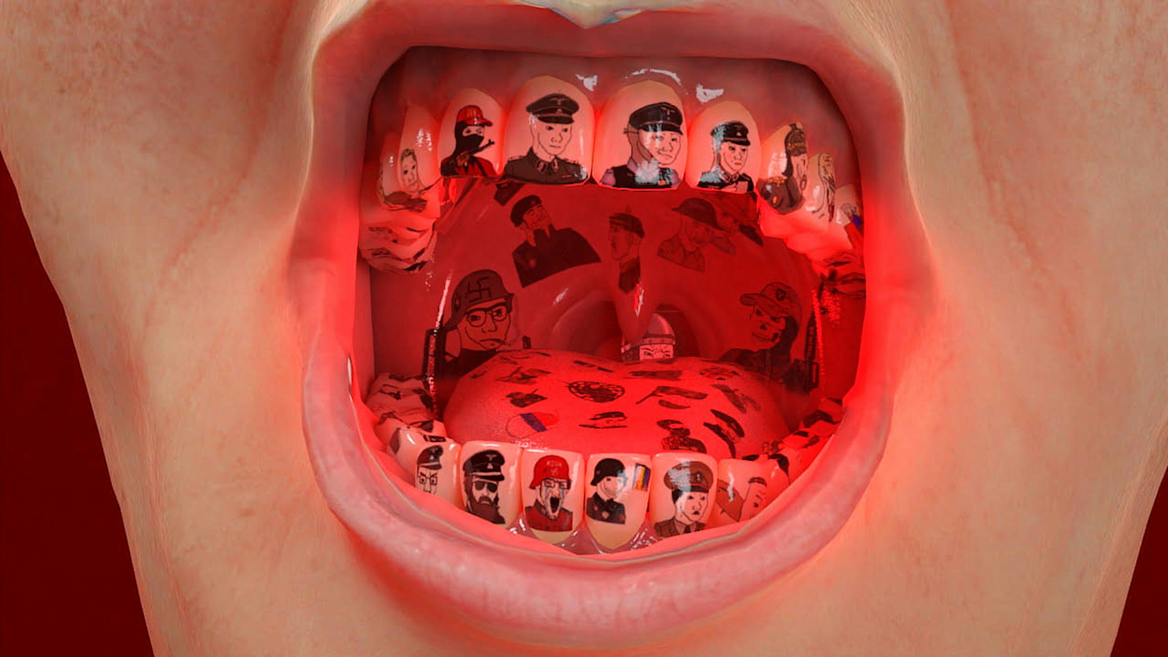 Computerized mouth with memes on teeth