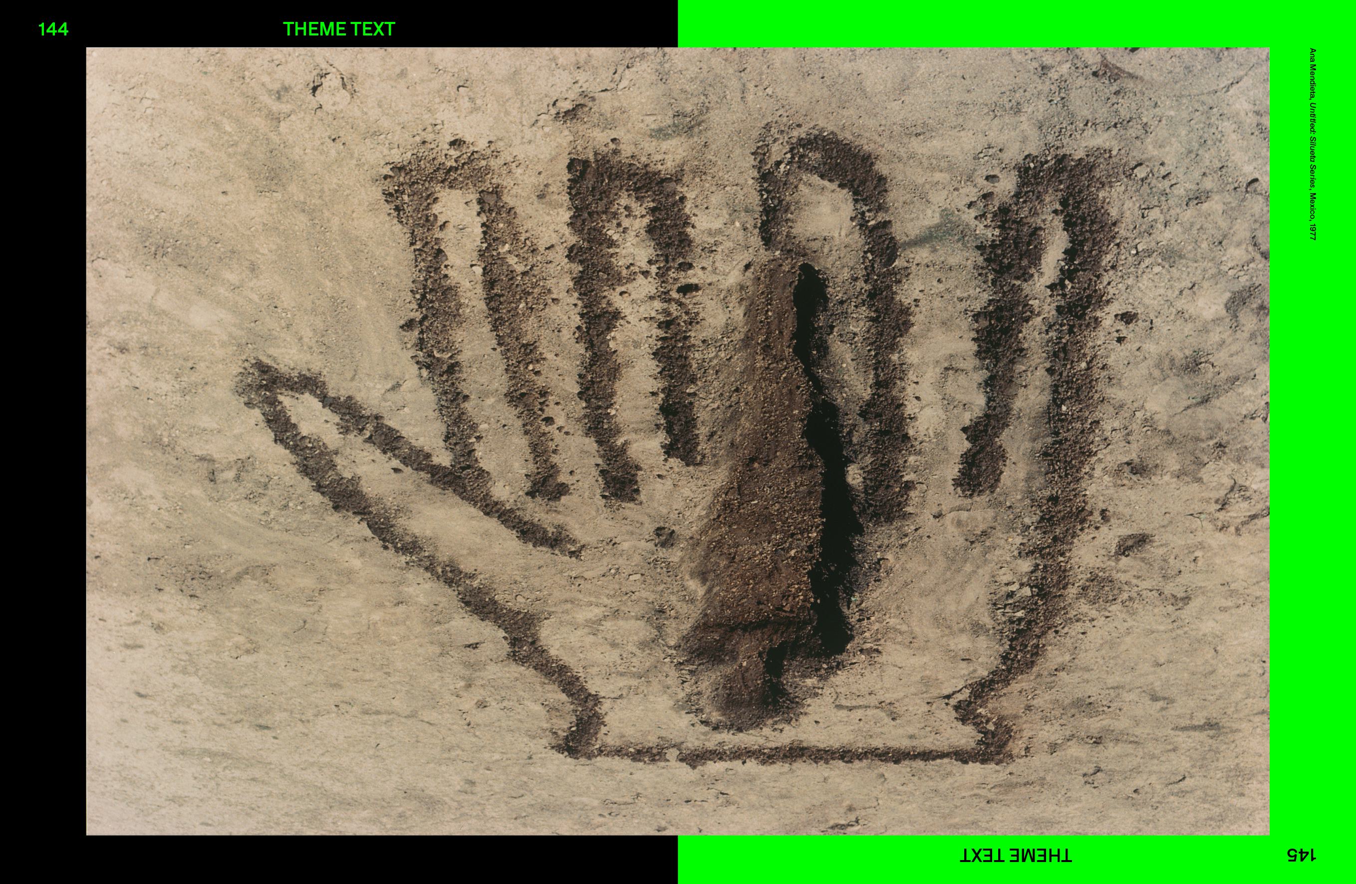 Spread of Foam Magazine #64: EXTREMES – The Environmental Issue, showing an image by Ana Mendieta of a large hand drawn in the earth.