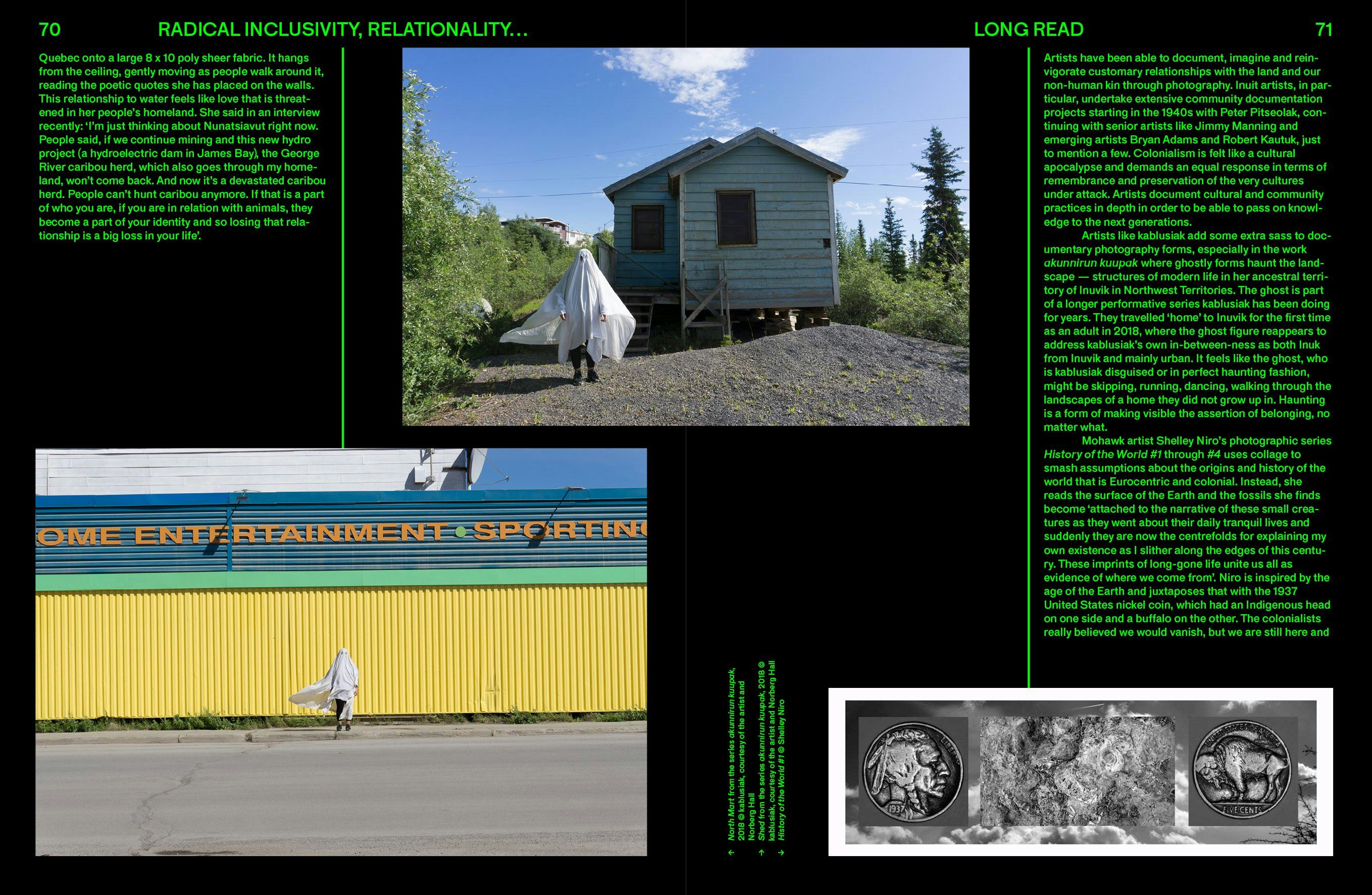 Spread from Foam Magazine #64: EXTREMES–The Environmental Issue, showing a fragment of the long read from Wanda Nanibush and two images by the artist kablusiak.