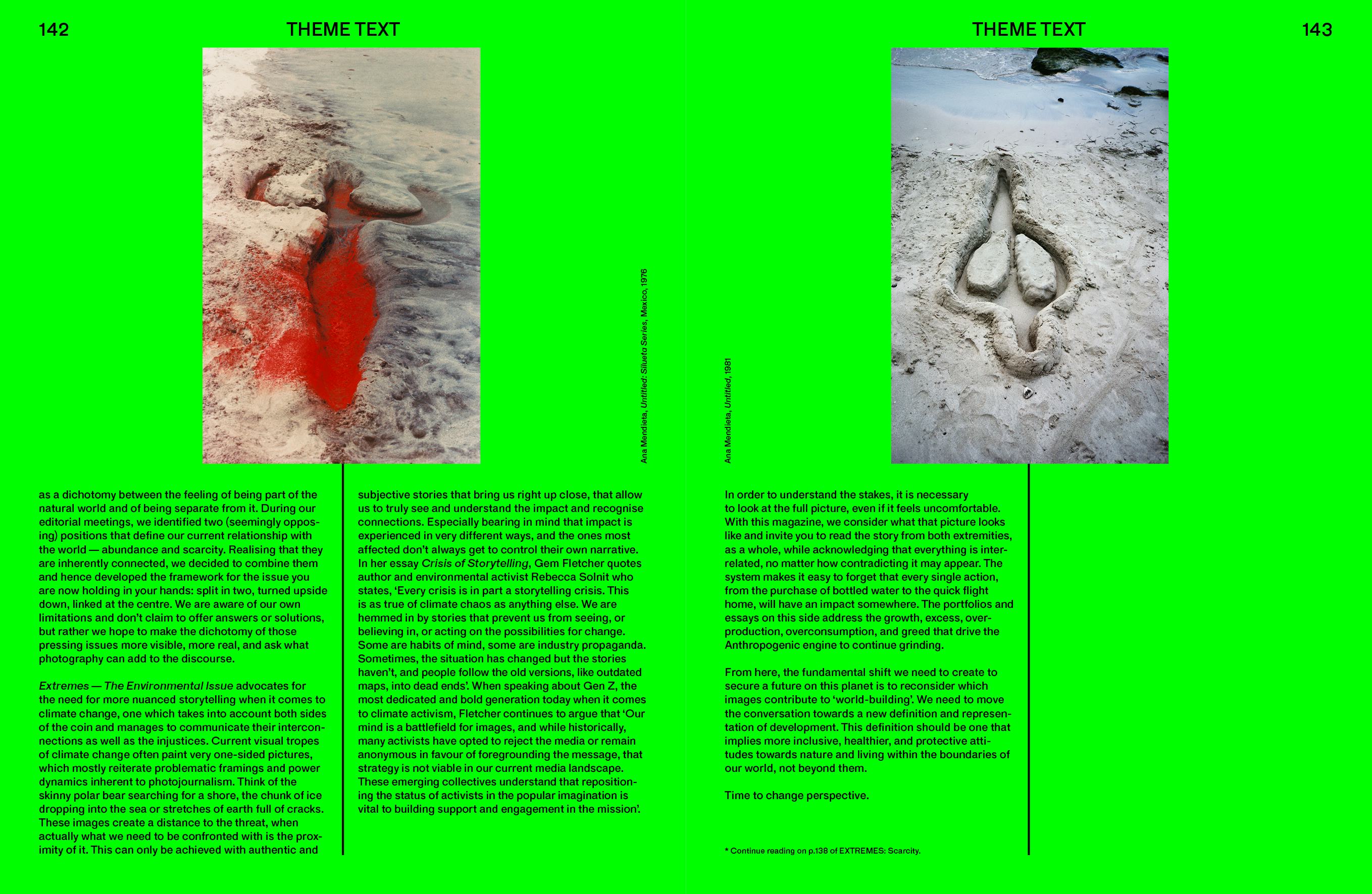 Spread of Foam Magazine #64: EXTREMES – The Environmental Issue, showing images by Ana Mendieta of figures drawn in the sand