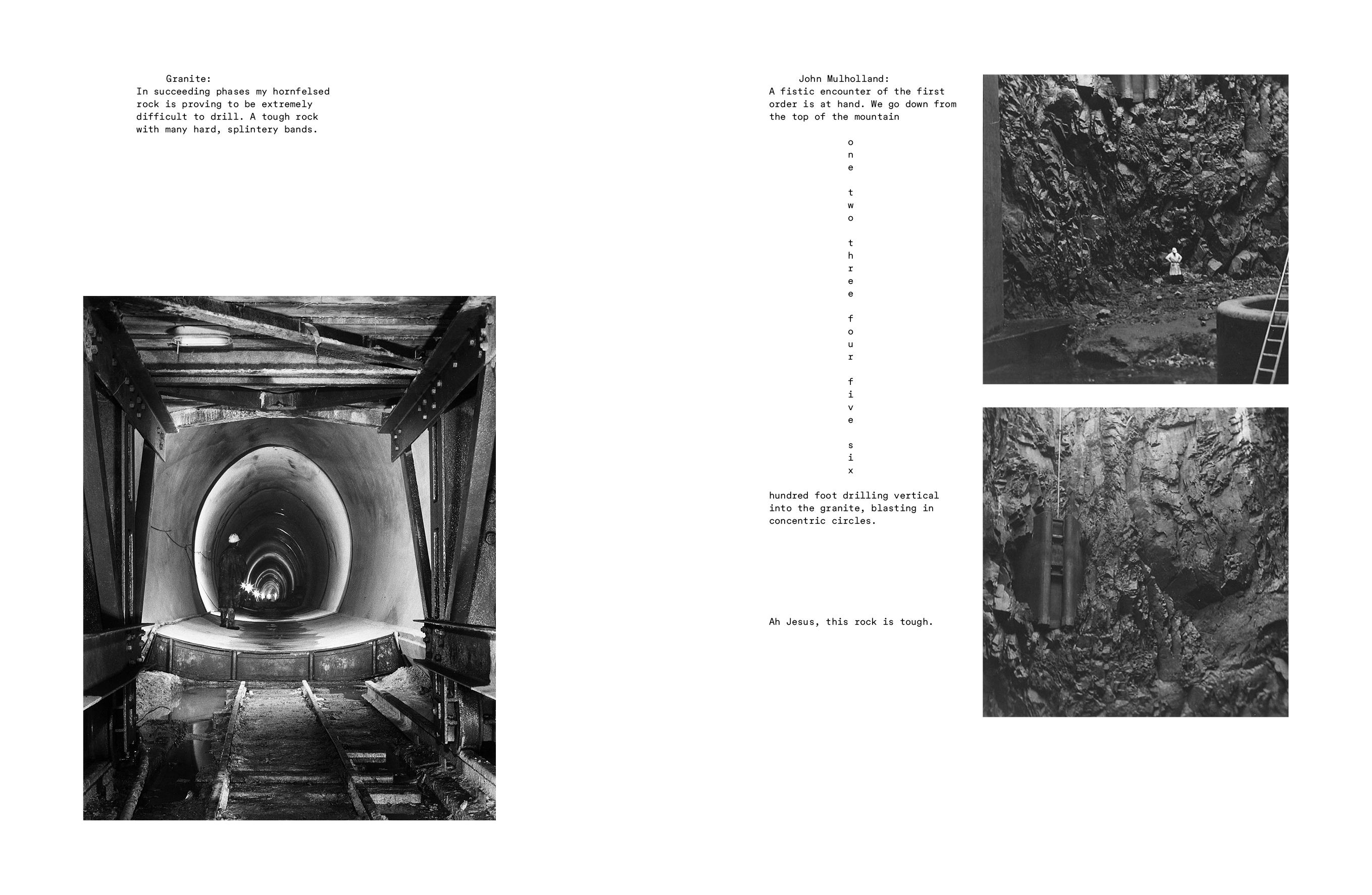Spread from Foam Magazine #64: EXTREMES–The Environmental Issue, showing images and text fragments from Master Rock by Maria Fusco