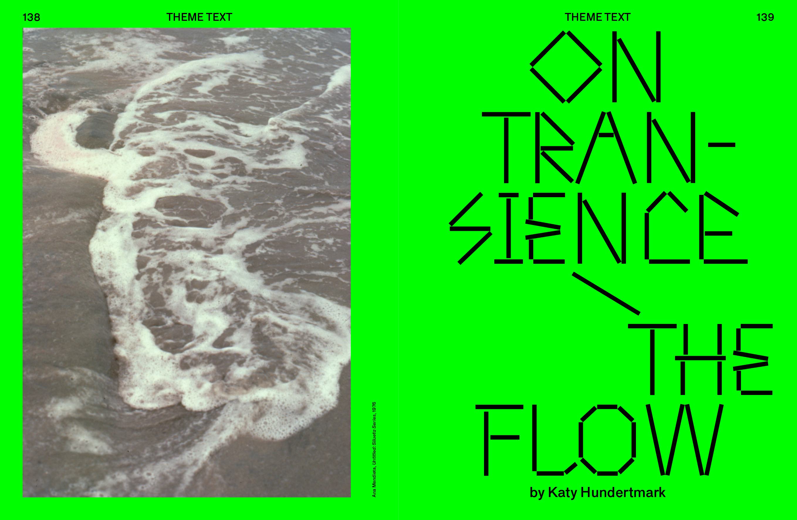 Spread of Foam Magazine #64: EXTREMES – The Environmental Issue, showing an image by Ana Mendieta of sea water flowing through an imprint of a person in the sand.