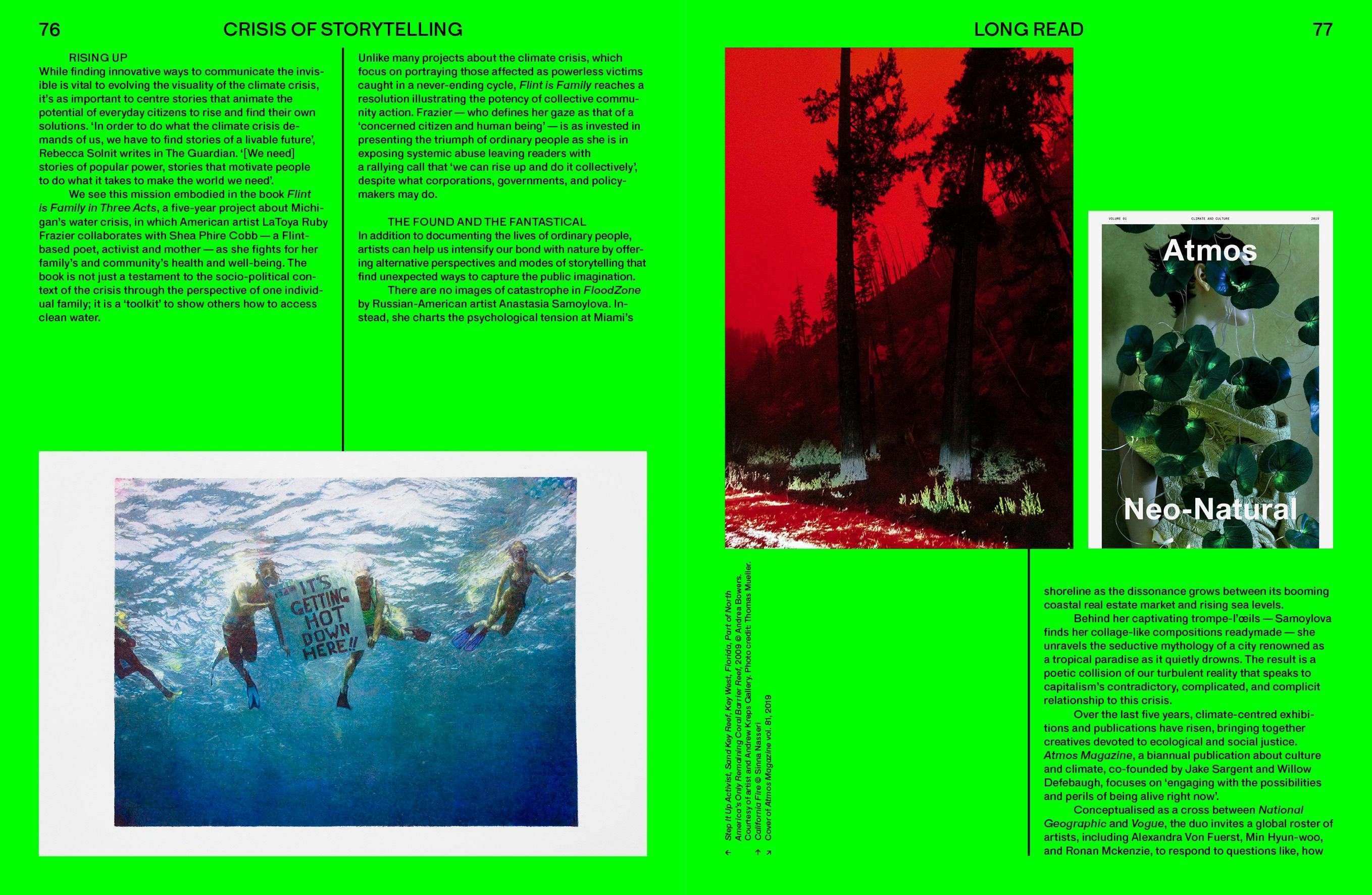Spread from Foam Magazine #64: EXTREMES–The Environmental Issue, showing a long read by Gem Fletcher