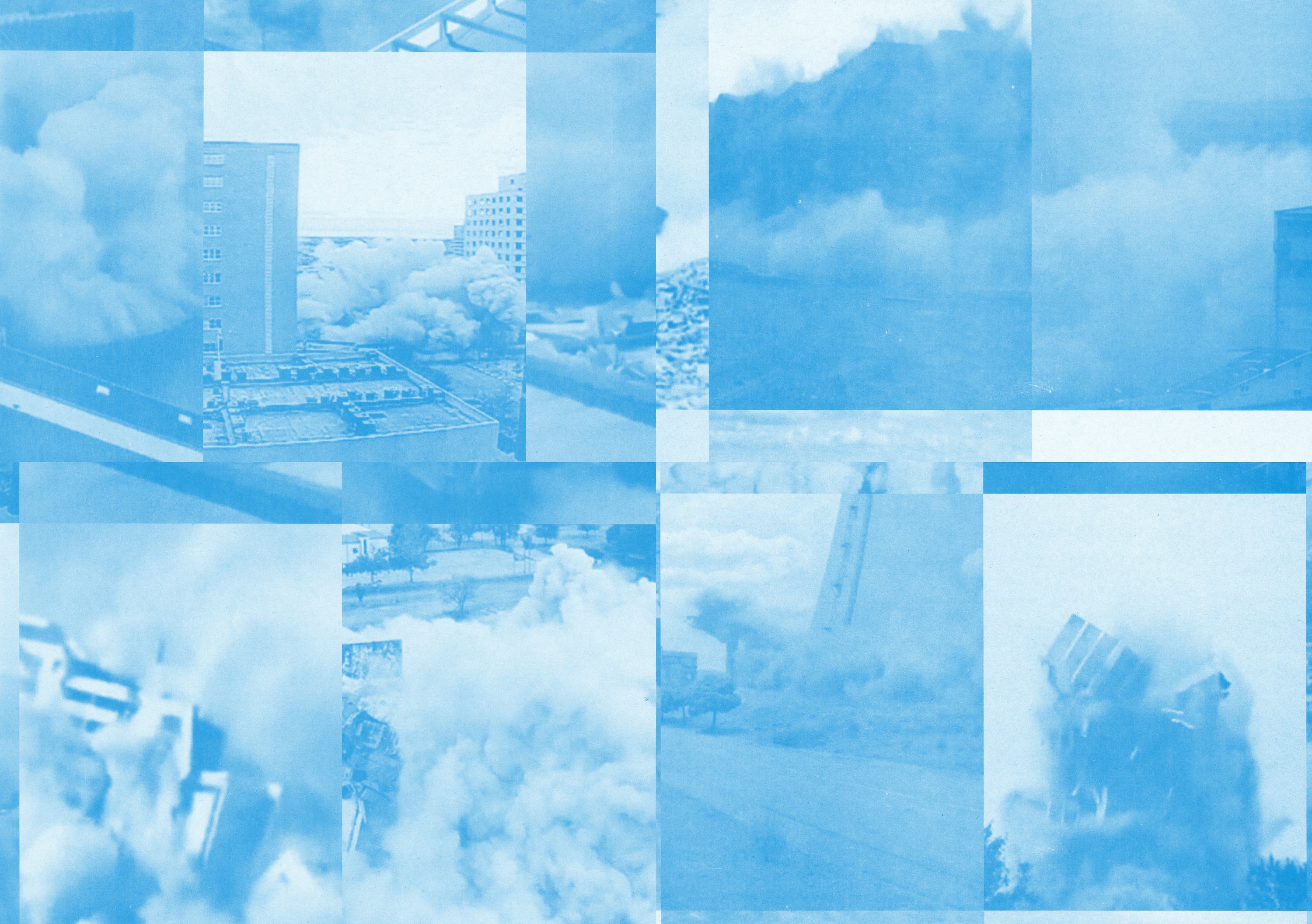Cyanotype collage of collapsing buildings