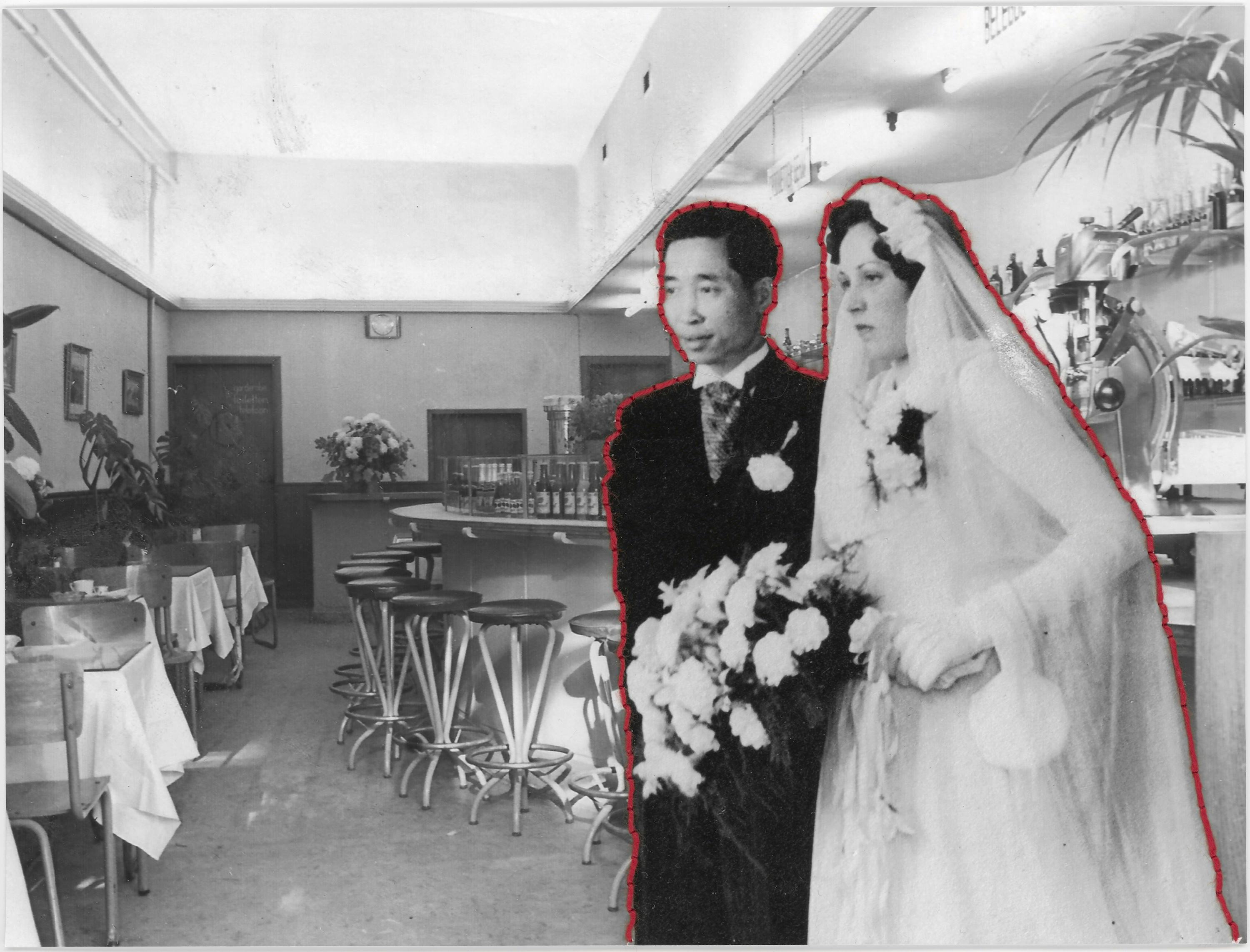 Black and white photograph of Laura Chen's grandparents on their wedding day with red thread sewed around them.
