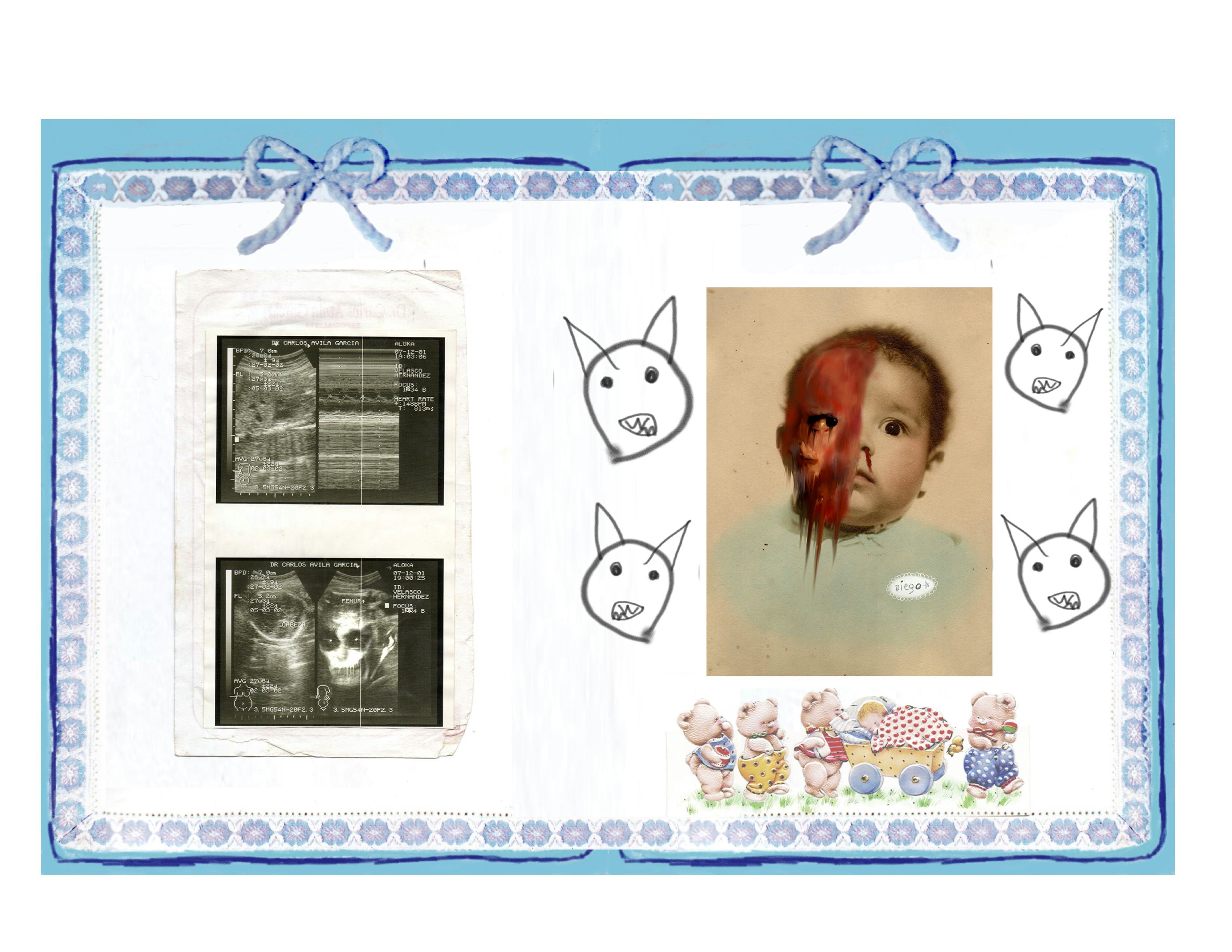 Baby album collage with various photos, ultrasounds and drawings.