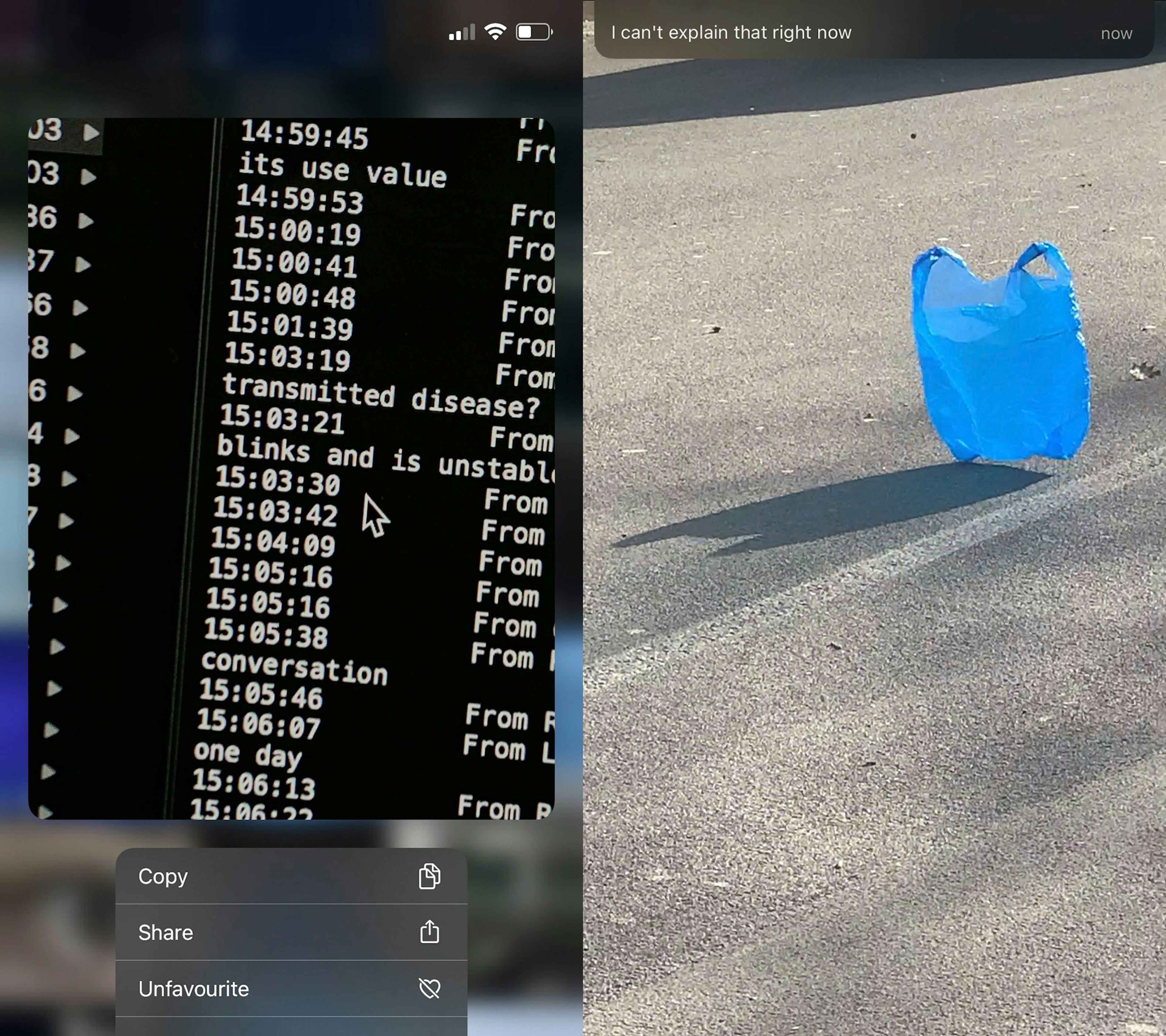 Screenshot from an iPhone, photo of phone data and photo of a blue plastic bag on the street with messages coming in at the top of the screen